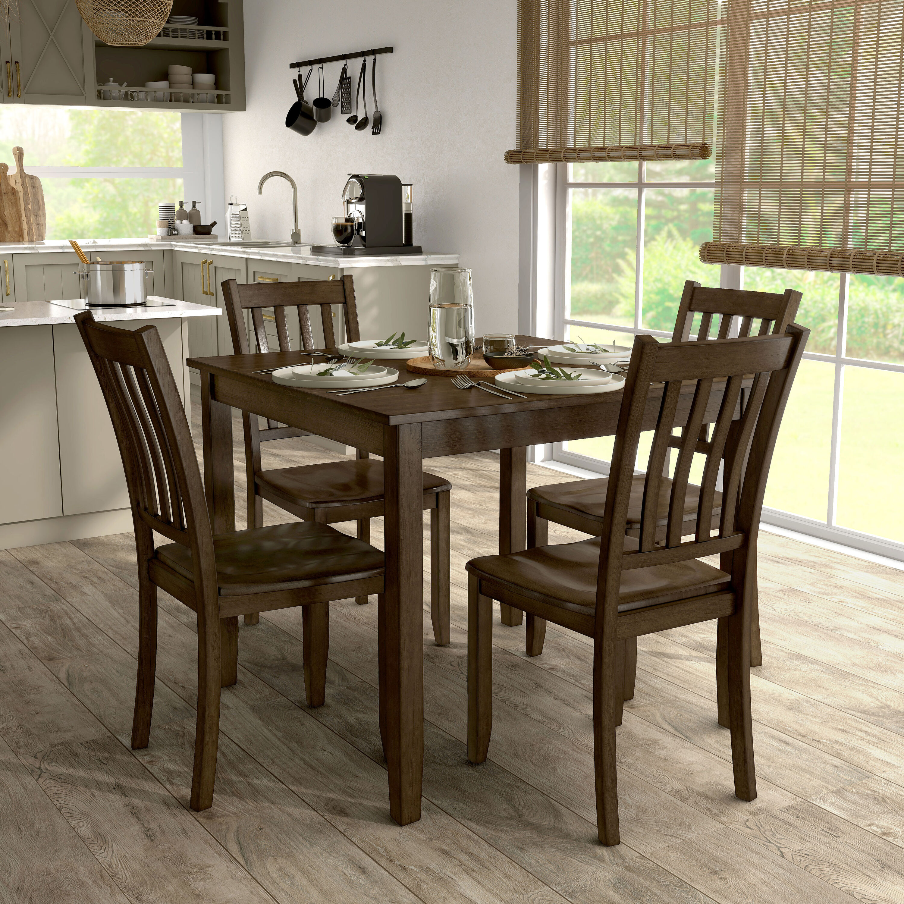 Furniture of America EC-3583WN-T-5PK Sherry Walnut Transitional Dining Room Set with Square Table ( Seats 4 )