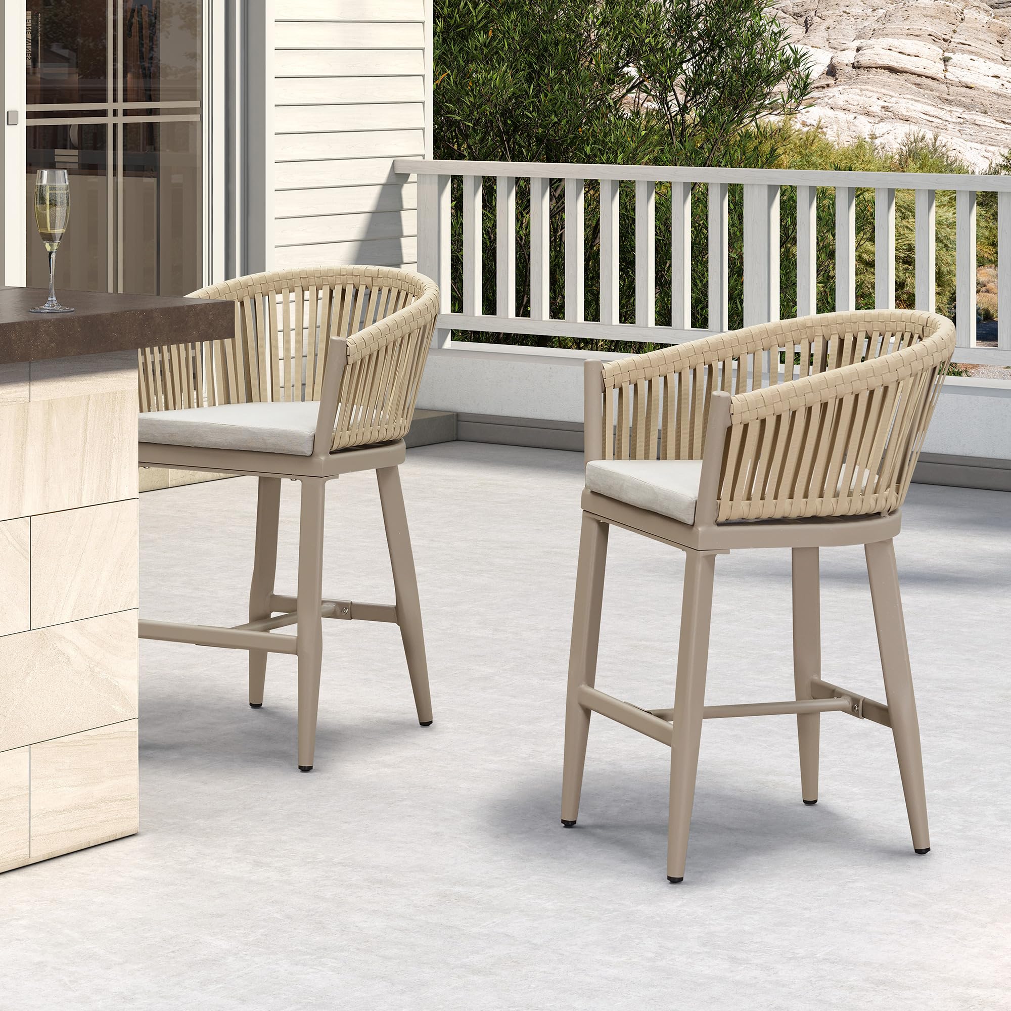 PURPLE LEAF LS04-BC02-SX-GY 2 -Set Champagne 24.8-in H Counter height Round seat Upholstered Metal Bar Stool with Arms and Back