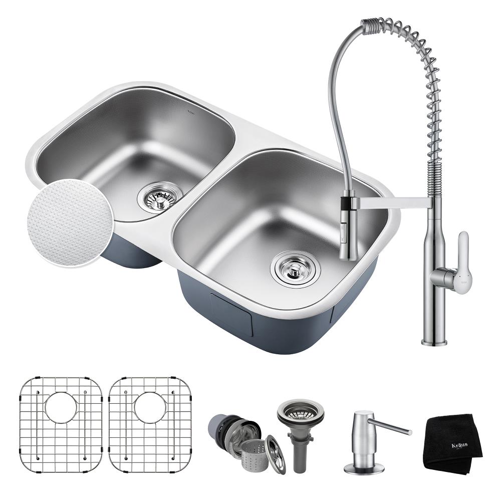 Kraus KBU22E-1650-42CH Outlast Undermount 32.25-in x 18-in Embossed Stainless Steel Double Equal Bowl Kitchen Sink All-in-one Kit