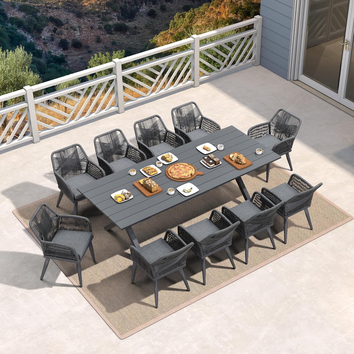 PURPLE LEAF LS01-RVR11-250-GY 11 -Piece 11 pieces-Rectangle Rattan Patio Dining Set Aluminum Rectangle Table with 10 Gray Cushions Stationary Chairs