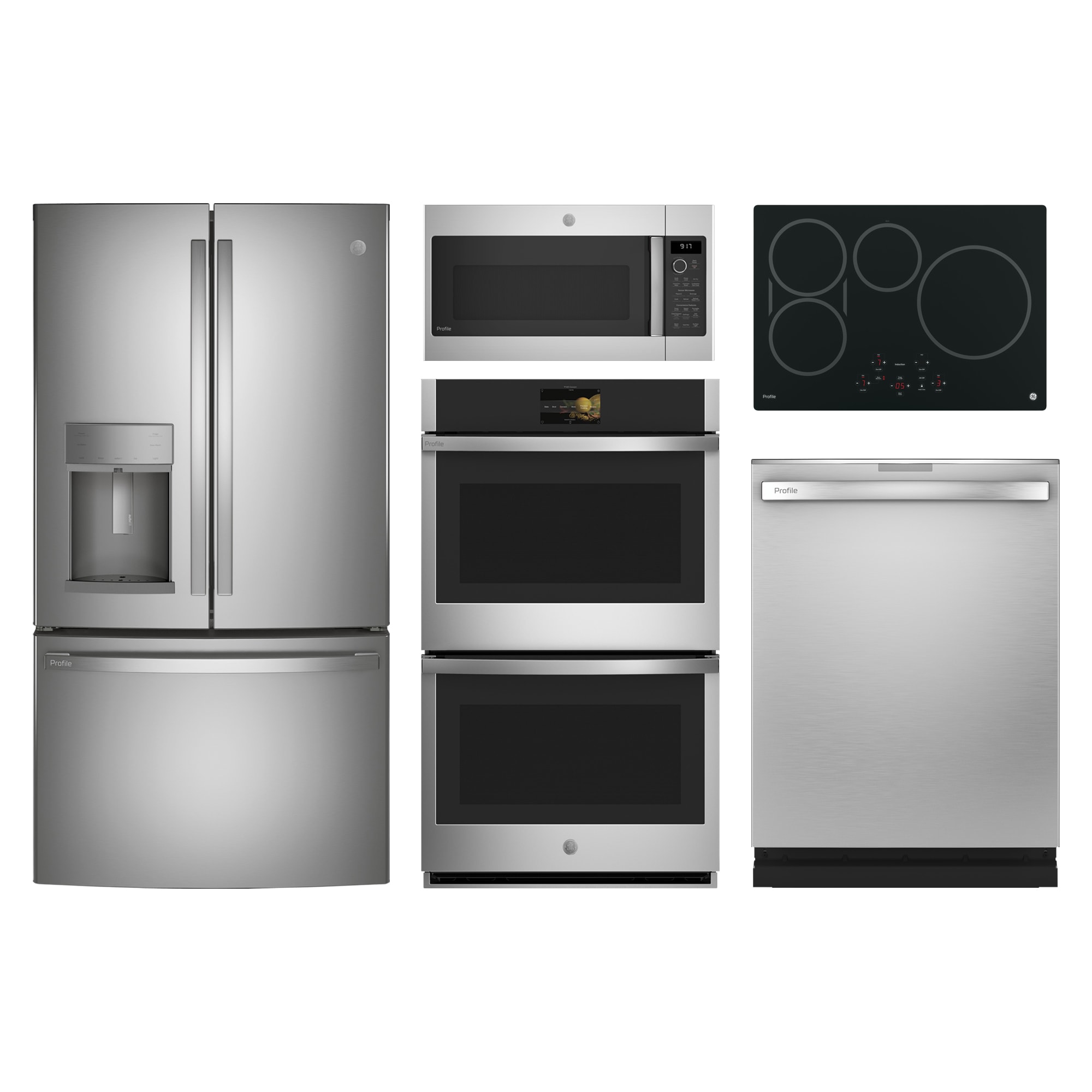 ge profile counter-depth french door refrigerator & 30-in double wall oven  paired with 30-in induction cooktop suite in stainless steel