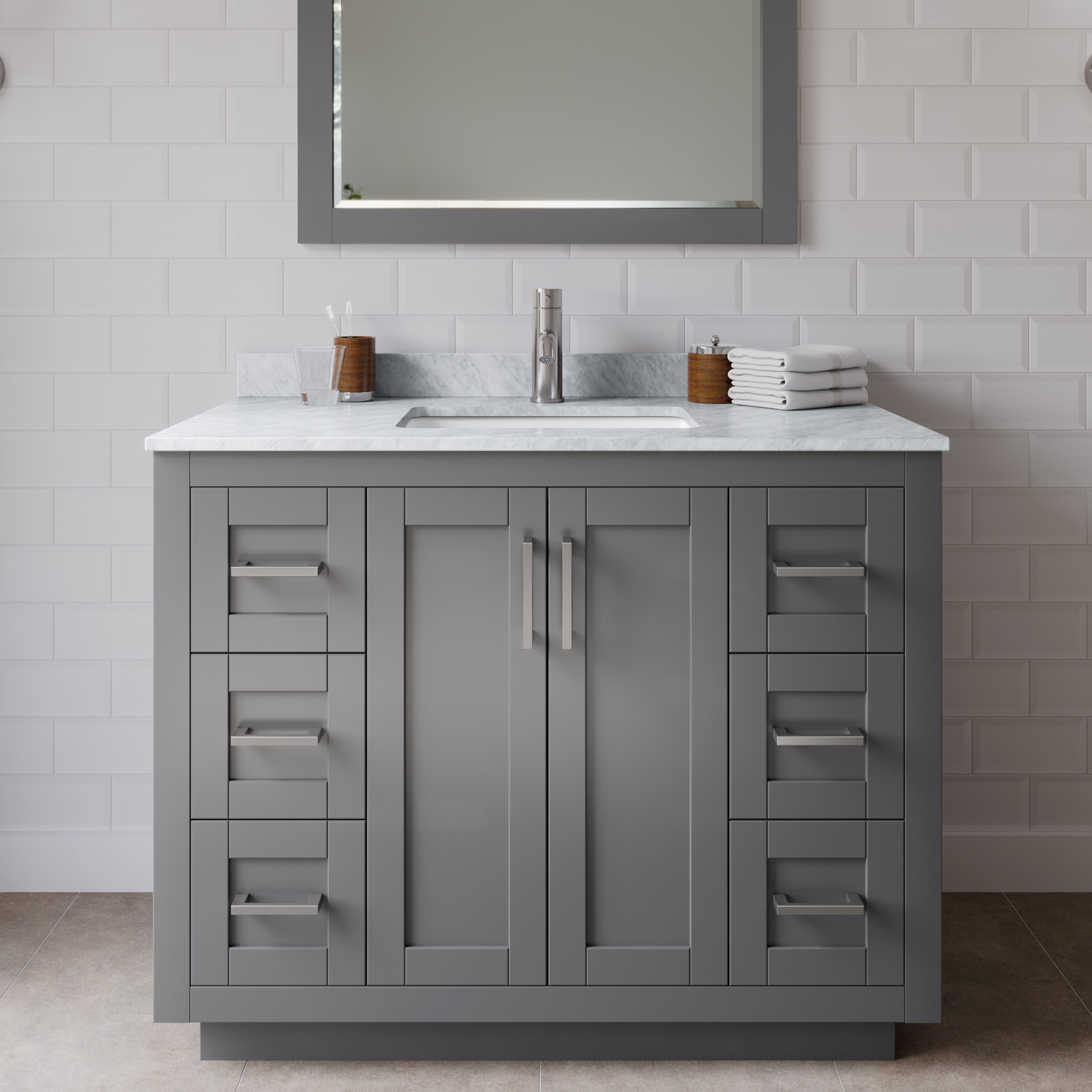 Wyndham Collection WCF292942SKGCMUNSM34 Miranda 42-in Dark Gray with Brushed Nickel Trim Undermount Single sink Bathroom Vanity with White Carrara Marble Marble Top (Mirror Included)