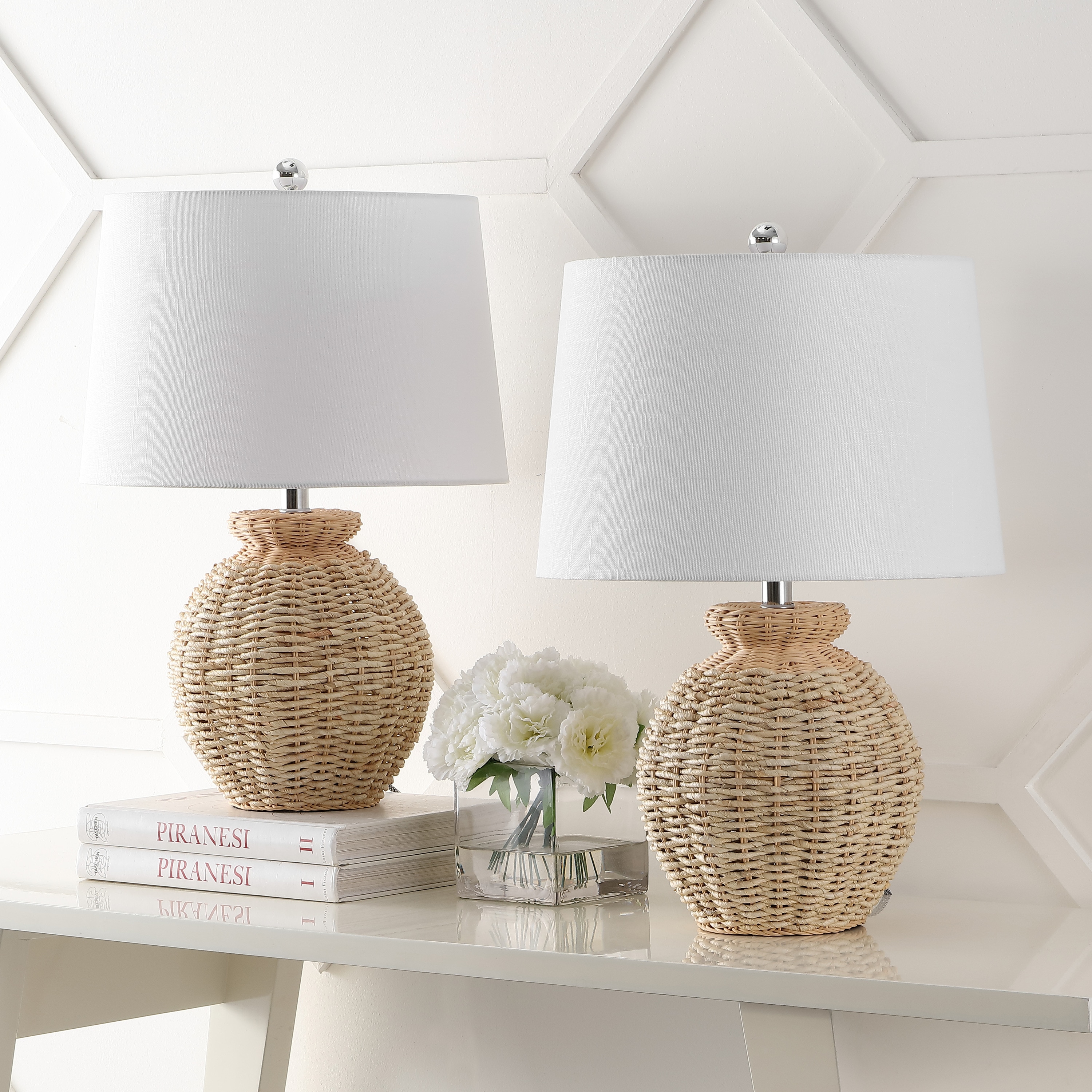 Nora 22" Woven Rattan Urn Shape Table Lamp Set with White Linen Shade