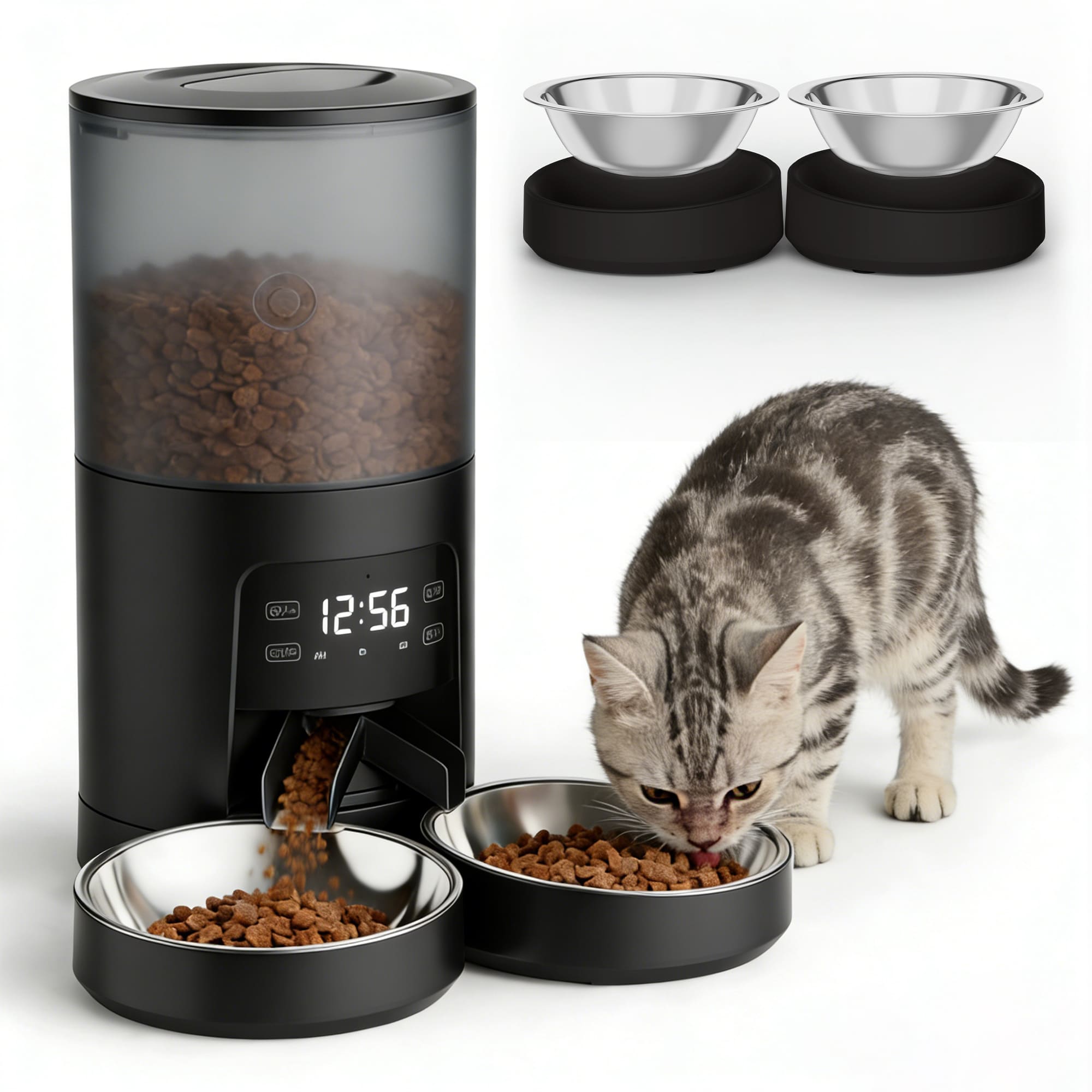 Sweetcrispy Black 6L Automatic Pet Feeder for 2 Pets with Dual Bowls Smart Pet Food Dispenser with App Control