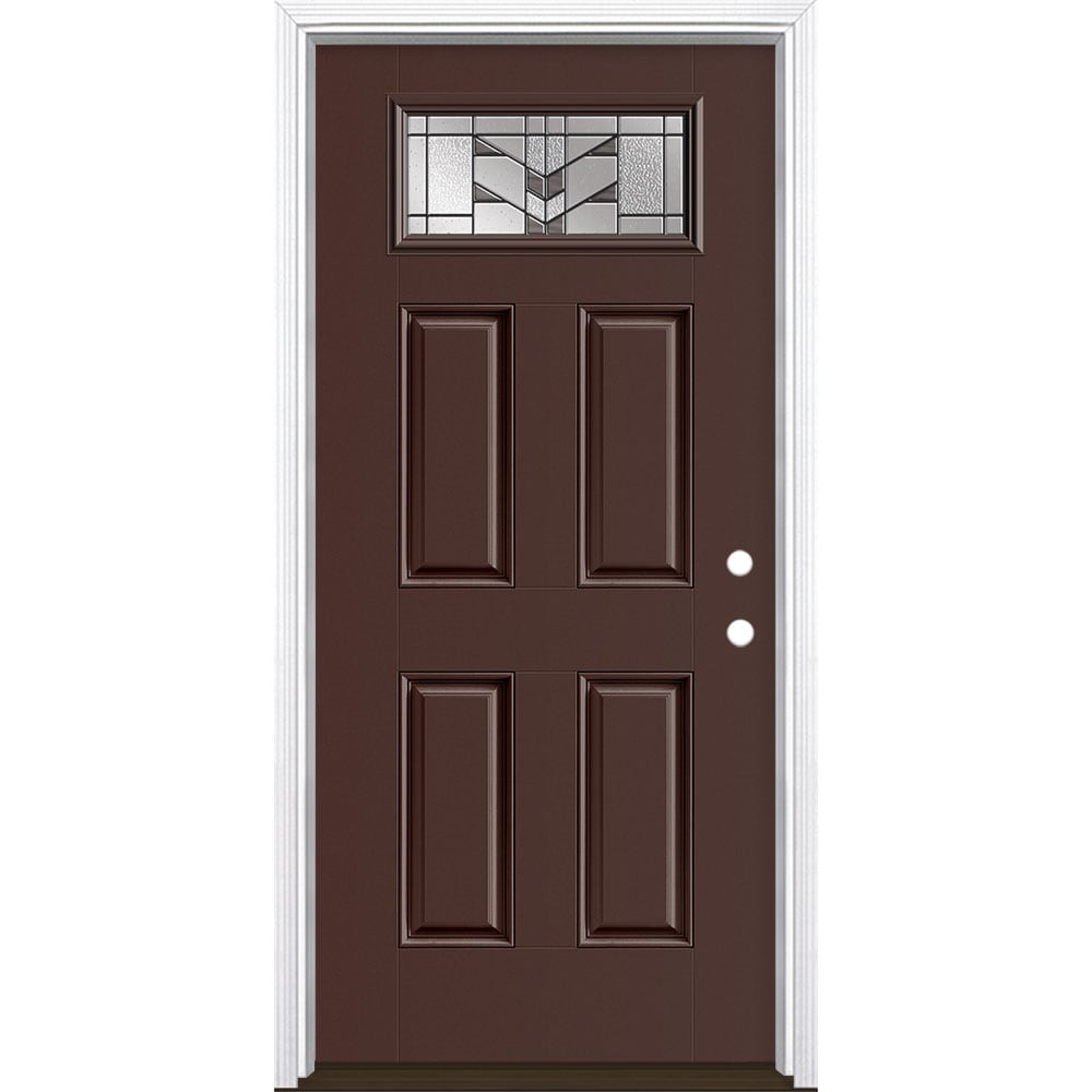 Masonite 3420491 Frontier 36-in x 80-in x 4-9/16-in Fiberglass 1/4 lite Left-hand inswing Chocolate Painted Prehung Front Door with Brickmould Insulating core