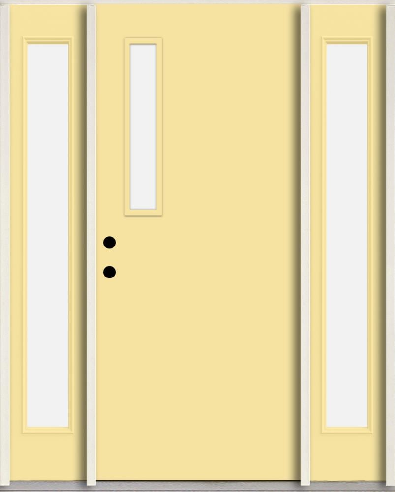 RELIABILT LO1063375 Spotlights 56-in x 80-in x 4-5/8-in Fiberglass 1/4 lite Right-hand inswing Cabana Yellow Paint Painted Prehung Front Door with Sidelights Insulating core