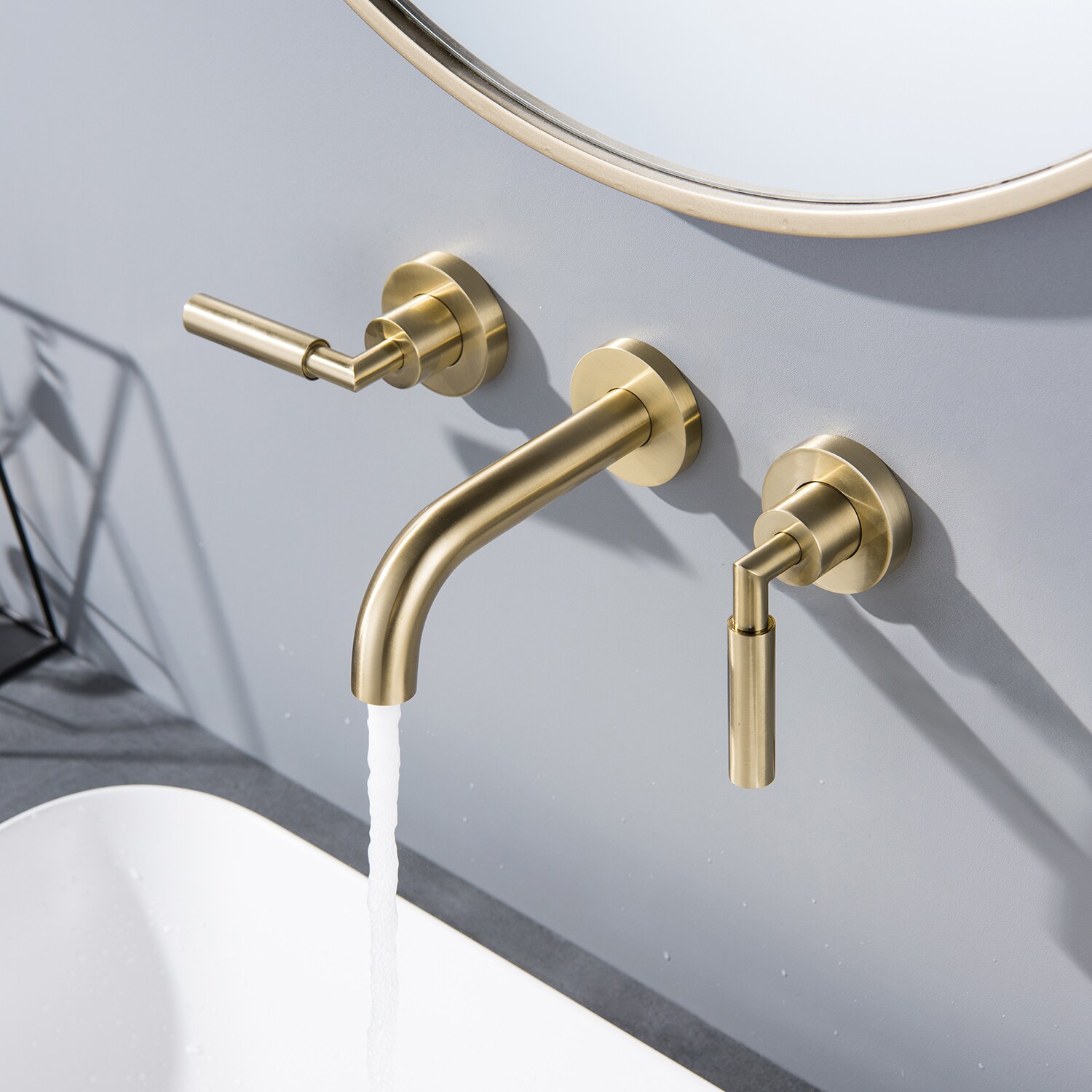 WELLFOR Wall mount bathroom faucet Brushed Gold Wall-mount 2-handle ...