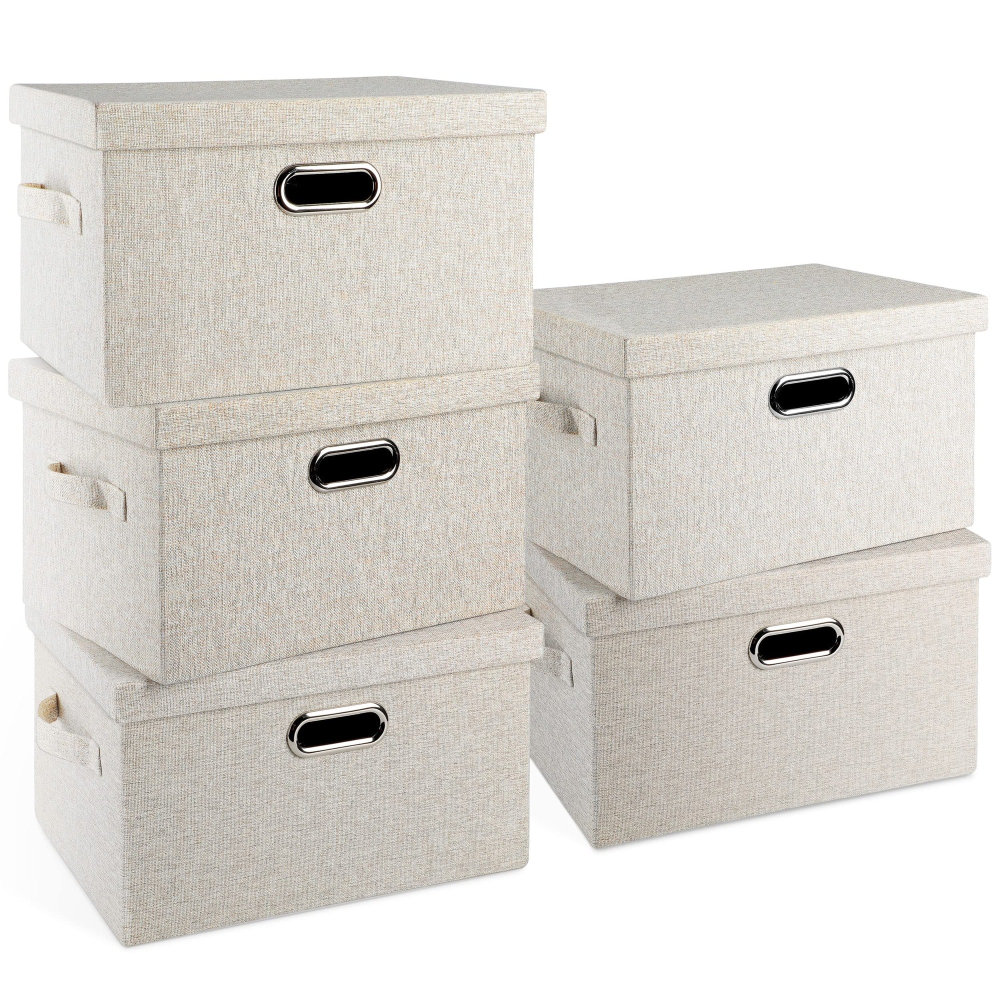 LAIFUCAM  Medium 15 Inch Collapsible Stackable Storage Bins with Lids 5 pack Beige Foldable Fabric Closet Boxes Heavy Duty Linen Cube Baskets
