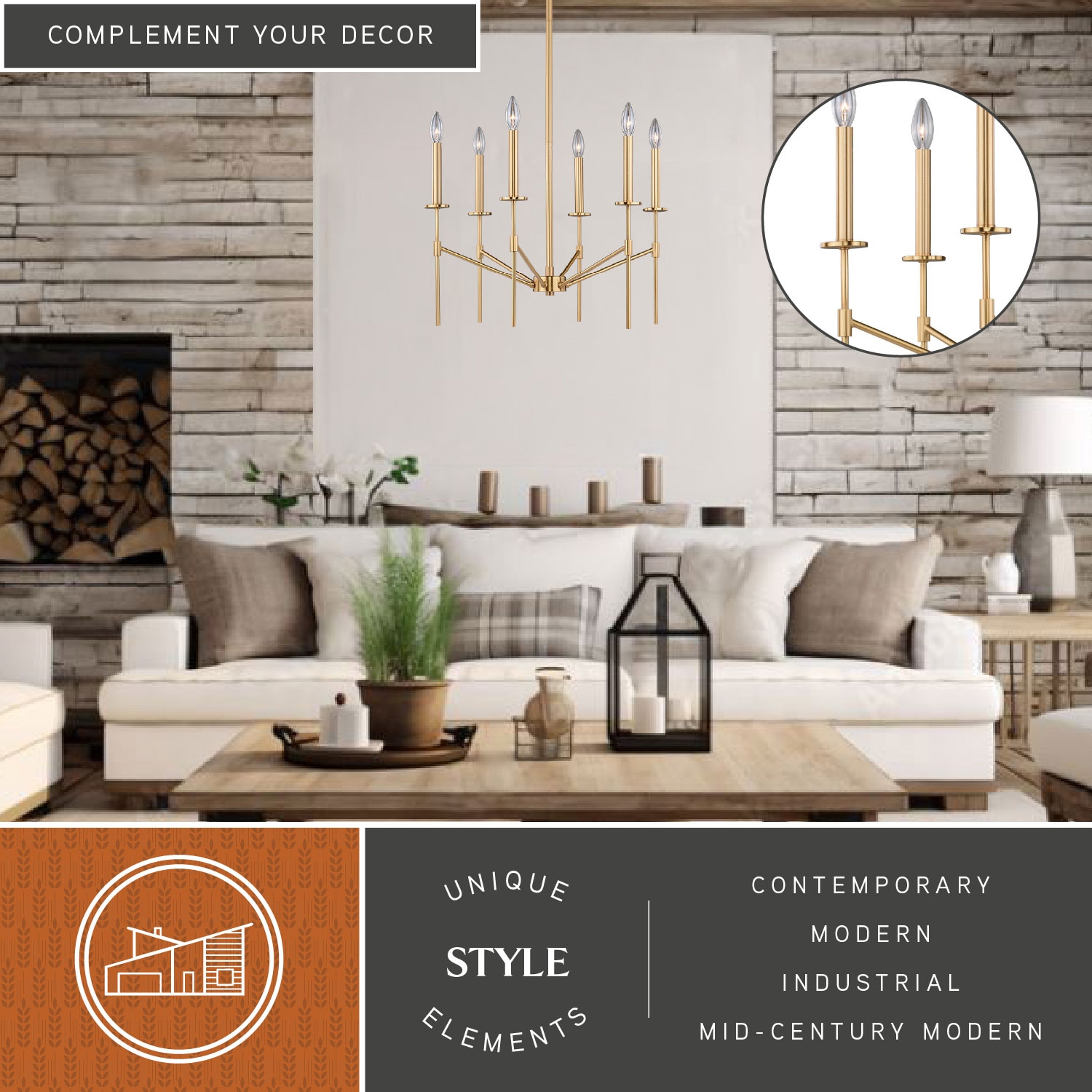Mid-Century Modern Kedzie 24" Natural Brass 6-Light Chandelier