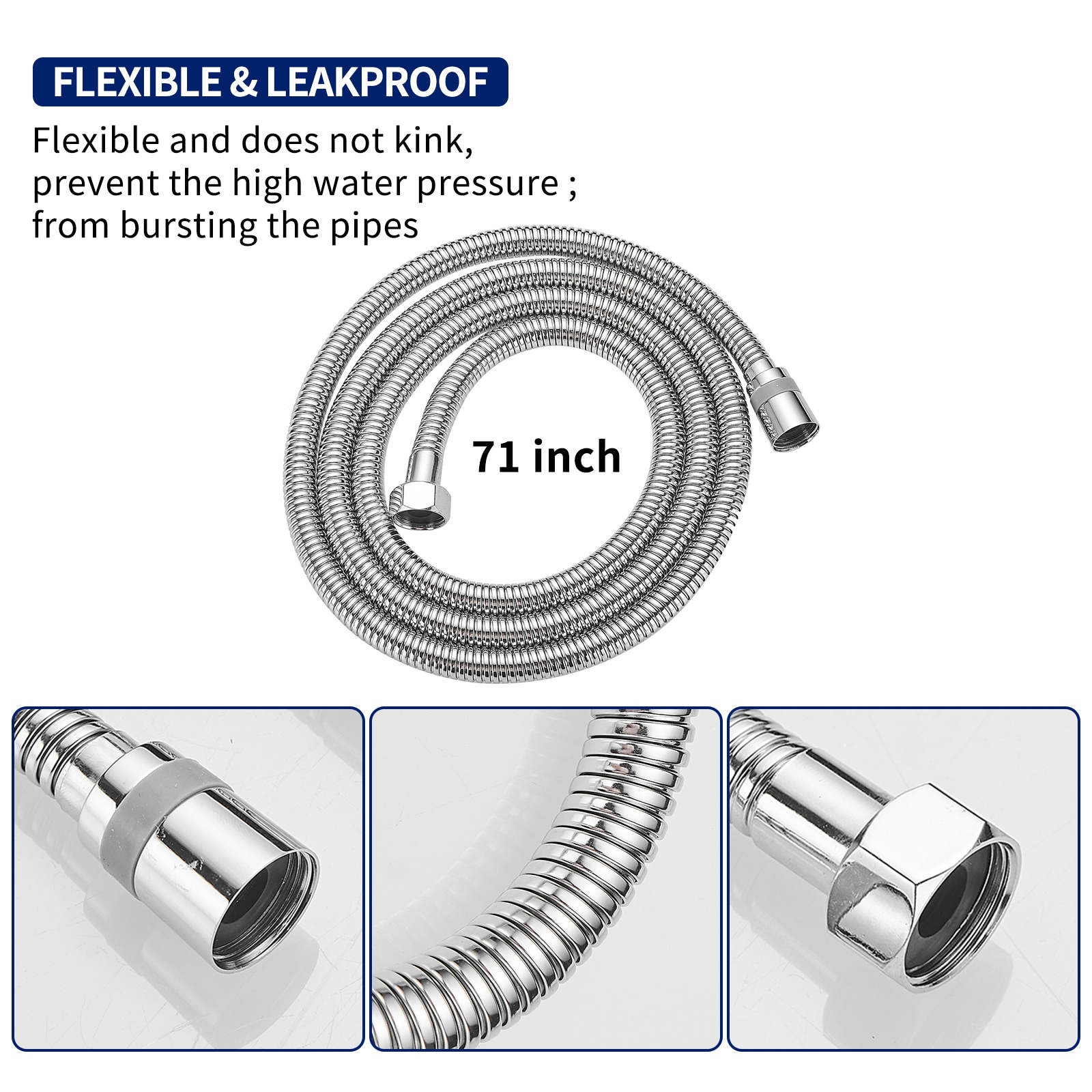 71-Inch Chrome Flexible Handheld Shower Hose with Brass Fittings