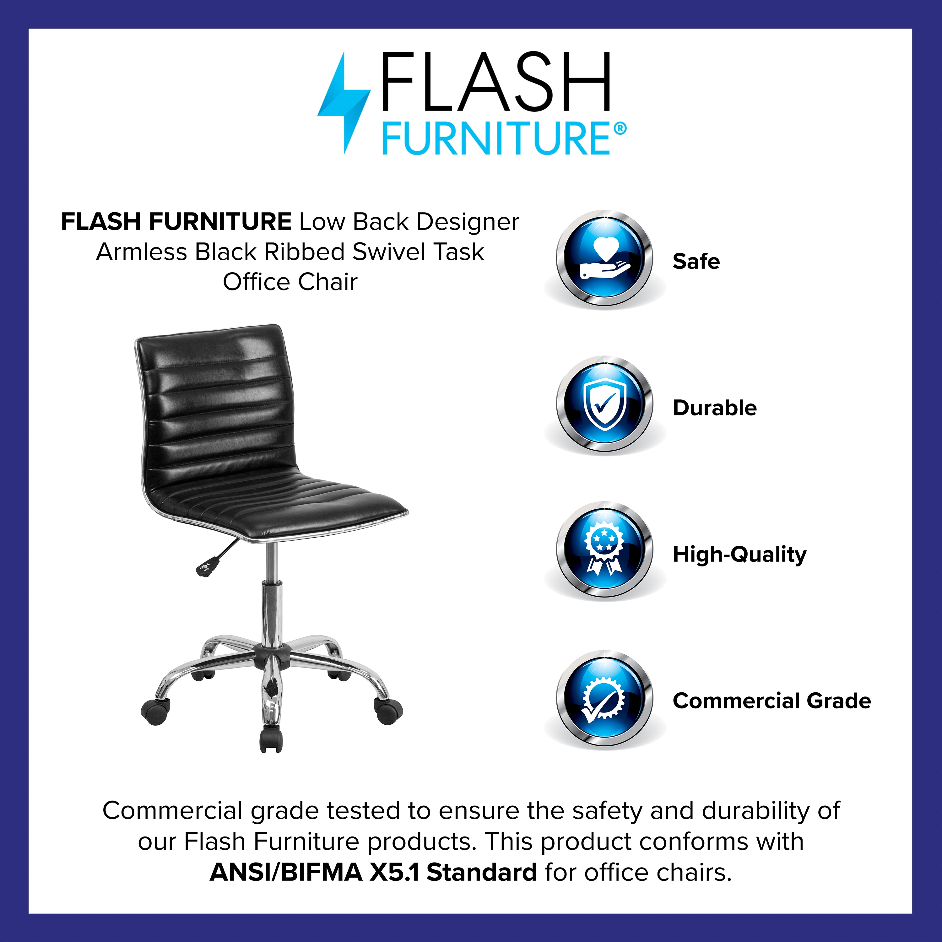 Alan Low Back Armless Black Vinyl Swivel Task Chair with Chrome Base