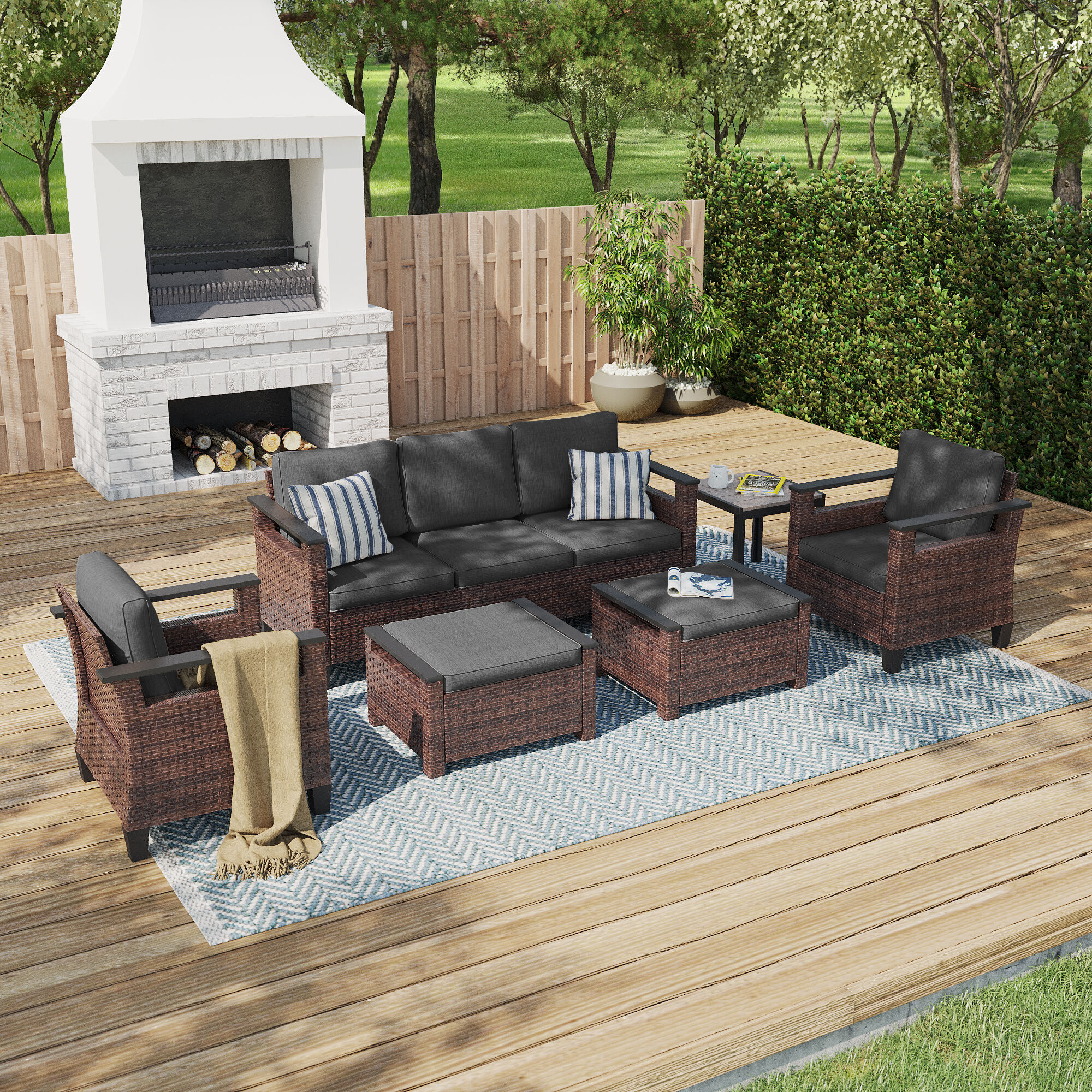 ACEGOSES LW-126BBK-T7 Skytop 6 -Piece Wicker Patio Sofa Conversation Set with Black Cushions