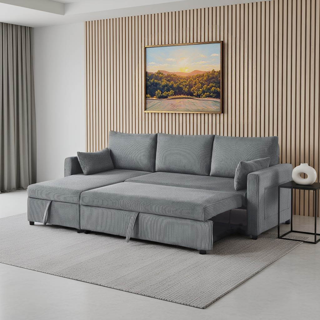 Misty Moon Gray Pull Out Sleeper Sofa Bed with Storage Chaise L Shaped ...