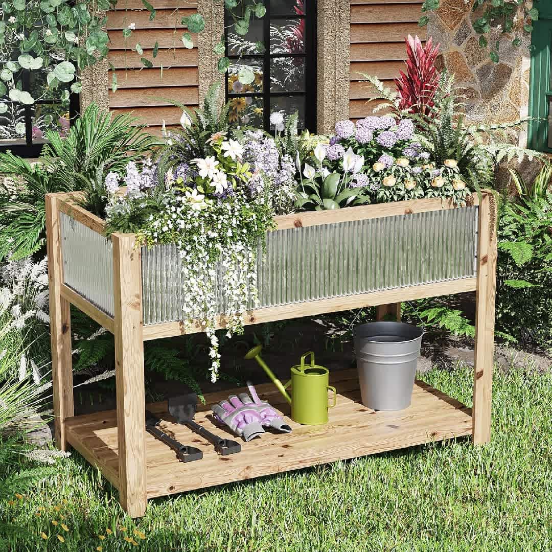 Qeetex KL-PHO-34GQF5UK Elevated Wood Planter Box Mobile Design Storage Shelf Multi Tier Planting for Herbs Vegetables Flowers Patio Deck Backyard
