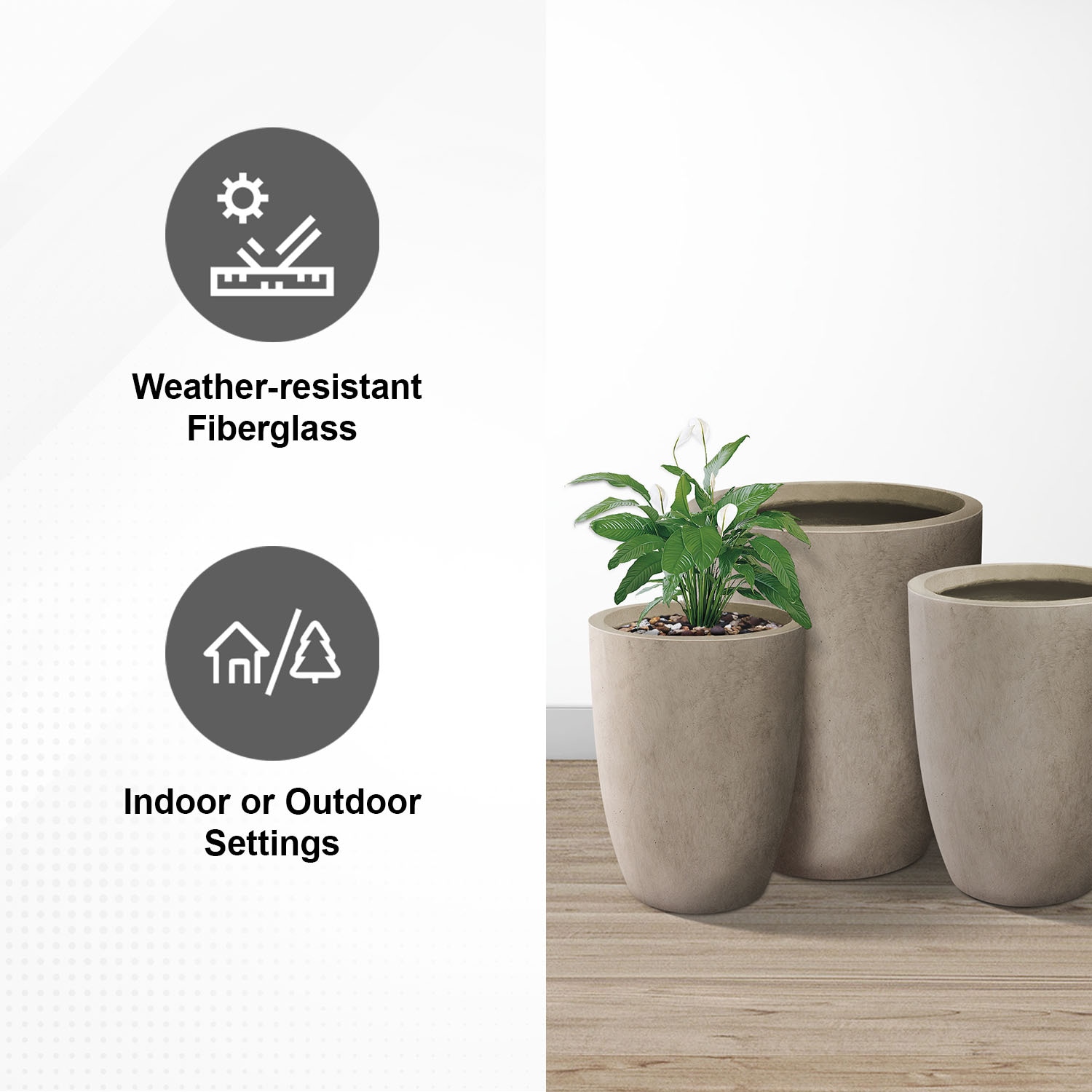 Weathered Gray Tall Round Concrete Planters Set of 3