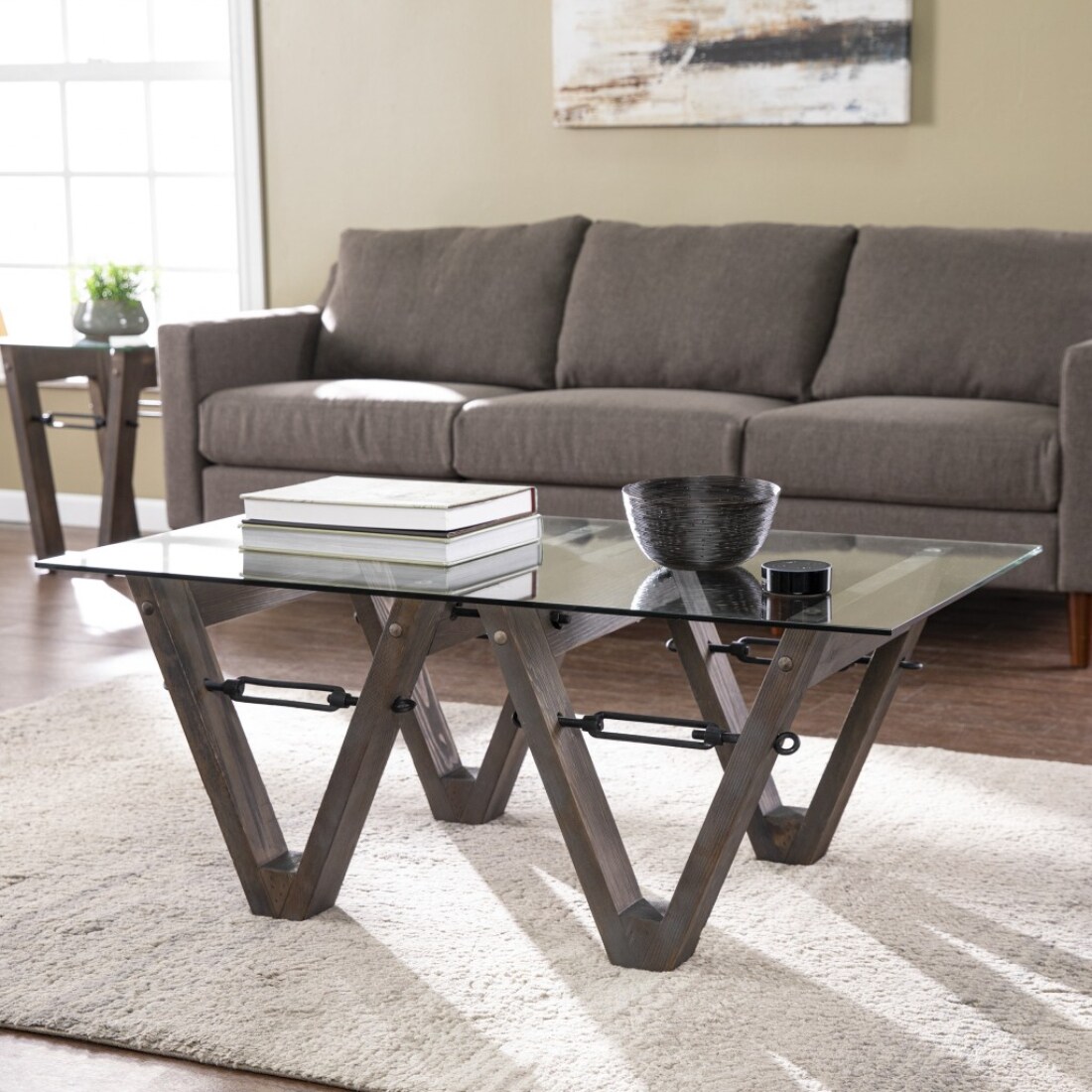 HomeRoots 14 Black Oak Veneer and Glass Coffee Table