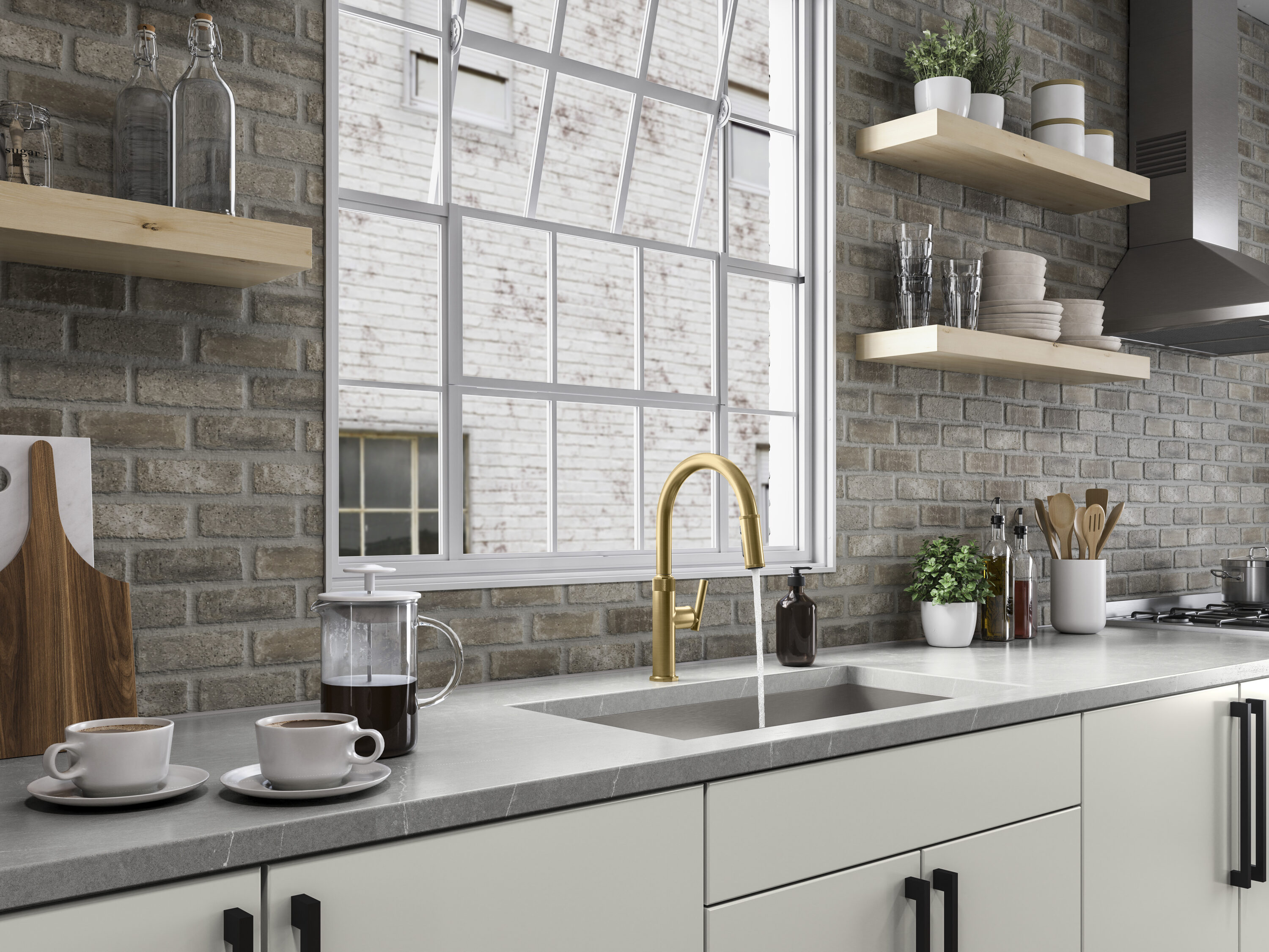 KOHLER R31627-2MB Lathe Vibrant Brushed Moderne Brass Single Handle Deck-mount Pull-down Kitchen Faucet with Sprayer (Includes Deck Plate)