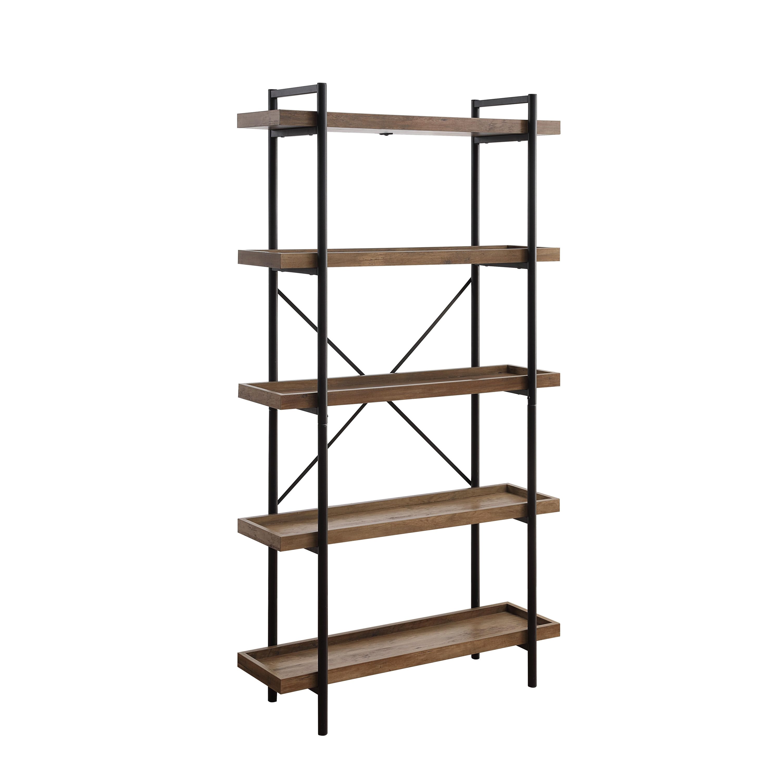 Pouuin Rustic Oak And Black Metal 5-shelf Bookcase (12-in W X 68-in H X 