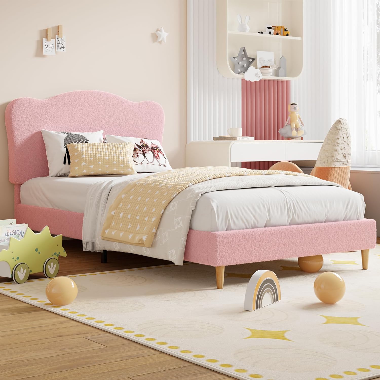 Qeetex LHF-BED-PHO-1502R3TW Full Size Upholstered Bed Frame with Adjustable Headboard Boucle Upholstered Platform Bed for Kids Strong Wood Slats No Box Spring Needed Noise-Free Easy Assembly Pink