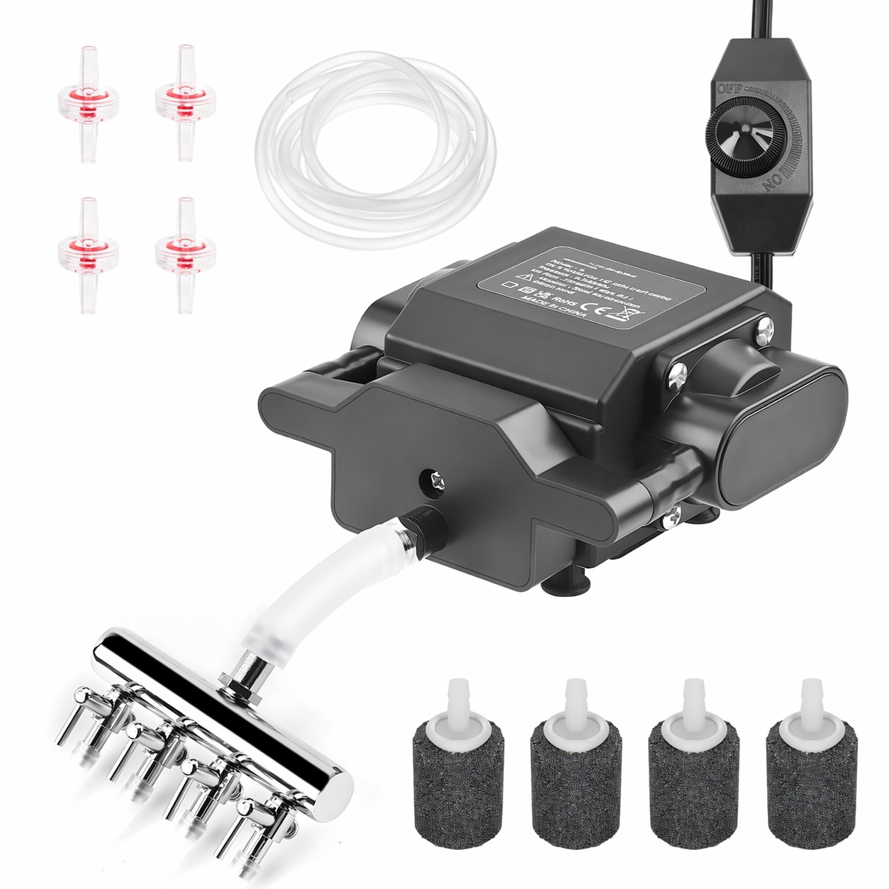 AKSCYZM  Aquarium Air Pump 4 Outlet Adjustable Oxygen Aerator with Accessories for Large Fish Tanks Ponds Hydroponics 12W 18W Motor