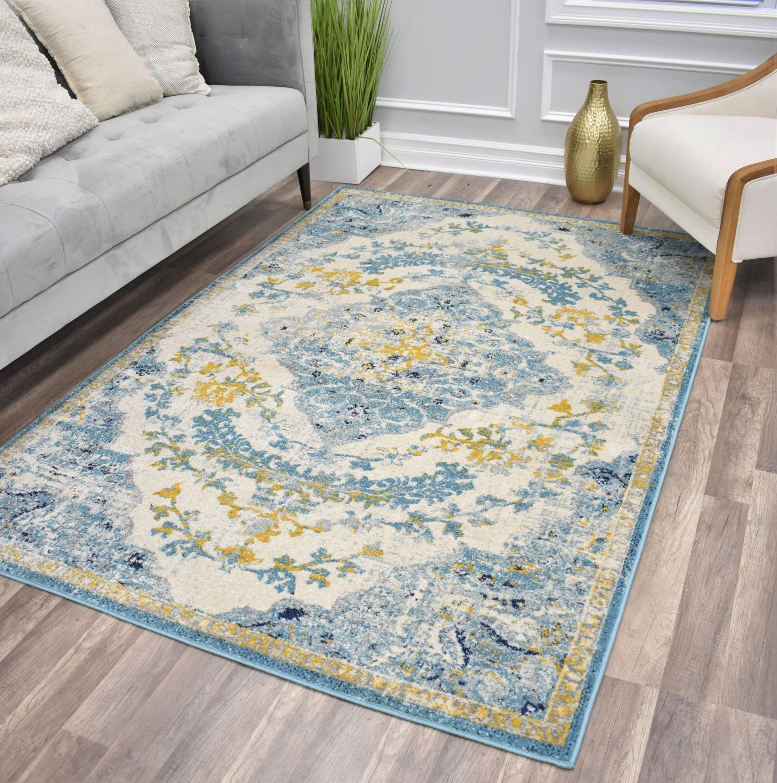 Ivory and Blue Rectangular Synthetic Vintage Area Rug, 5' x 7'