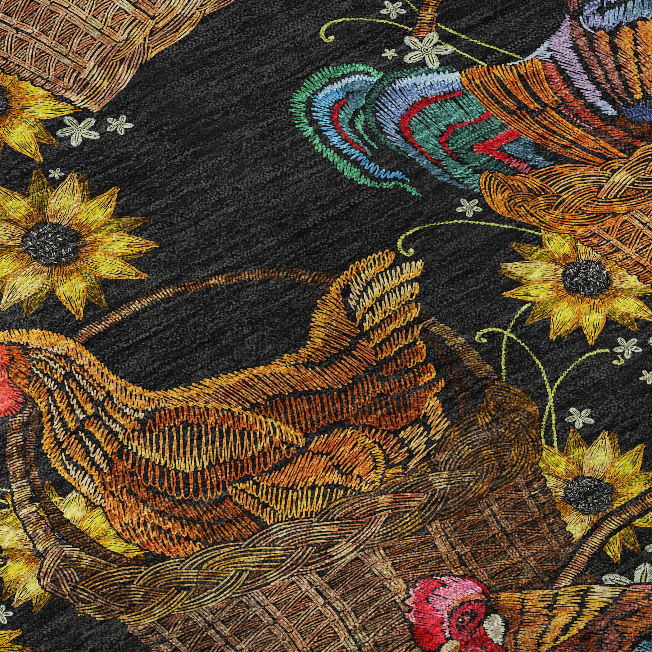 Black and Multicolor Synthetic Rectangular Washable Kitchen Rug