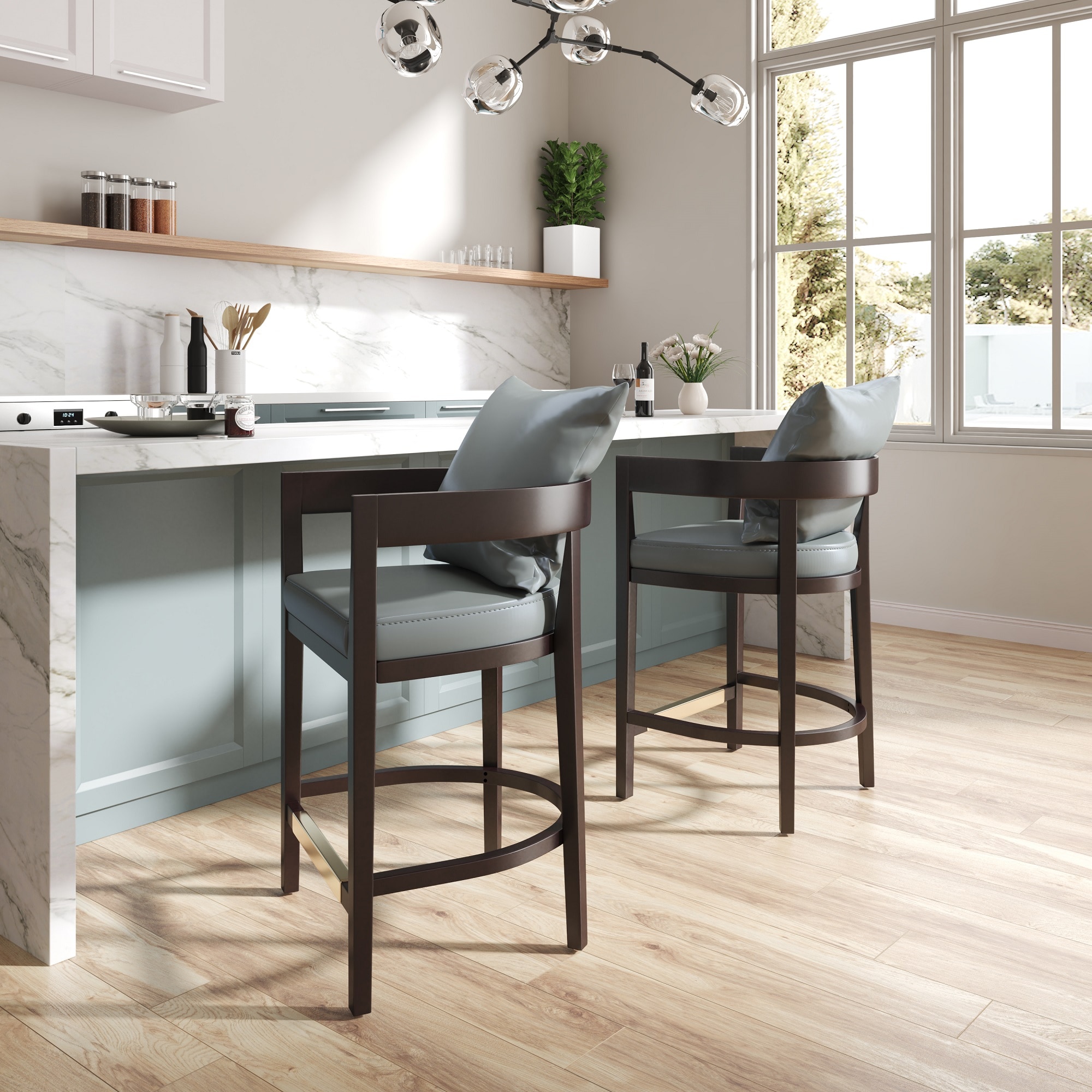 Manhattan Comfort CS006-GY Ritz Grey and Dark Walnut 26.5-in H Counter height Square seat Upholstered Wood Bar Stool and Back