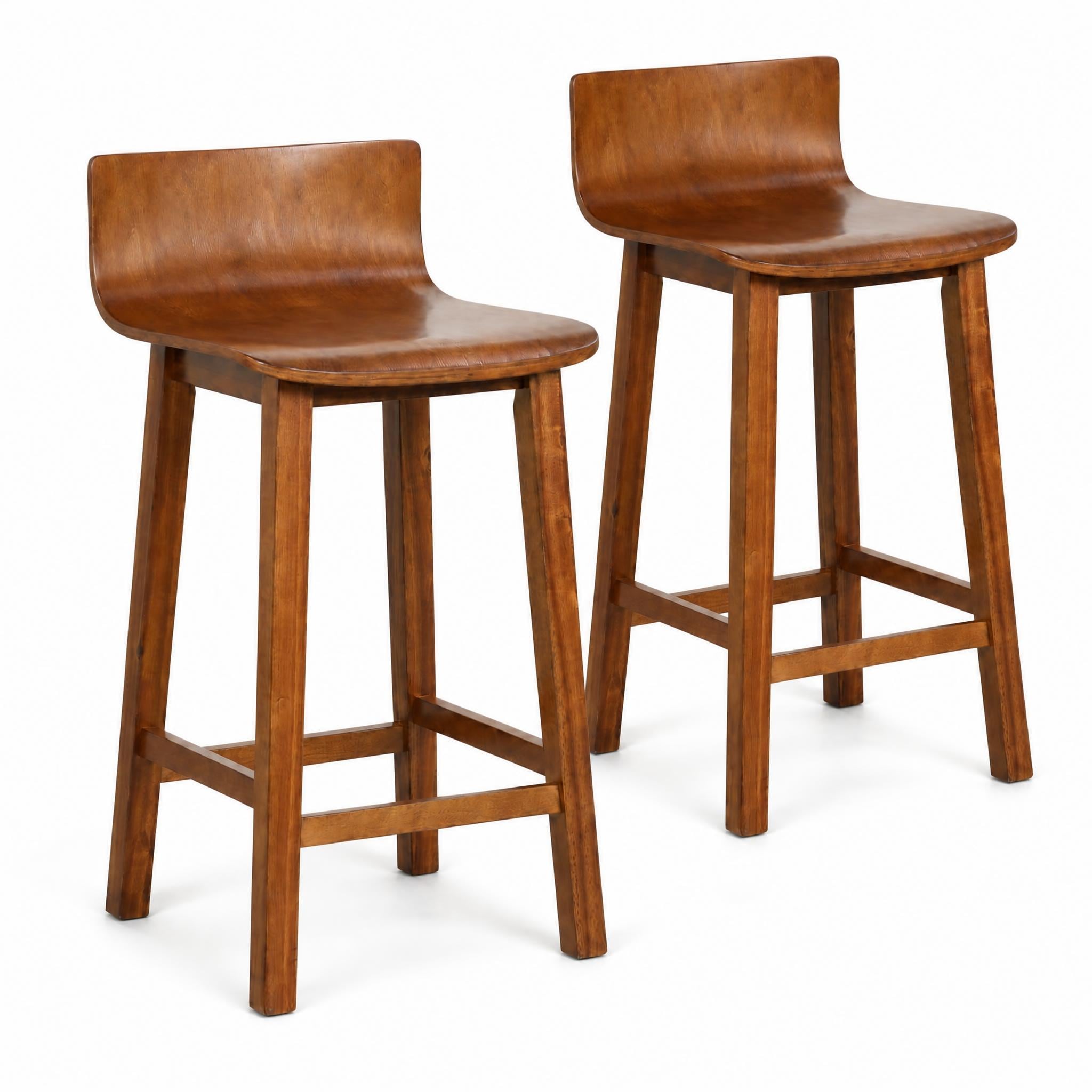 Costway  24.5 inches Wood Bar Stools Set of 2 with Solid Back and Seat Mid Century Bar Chairs Brown
