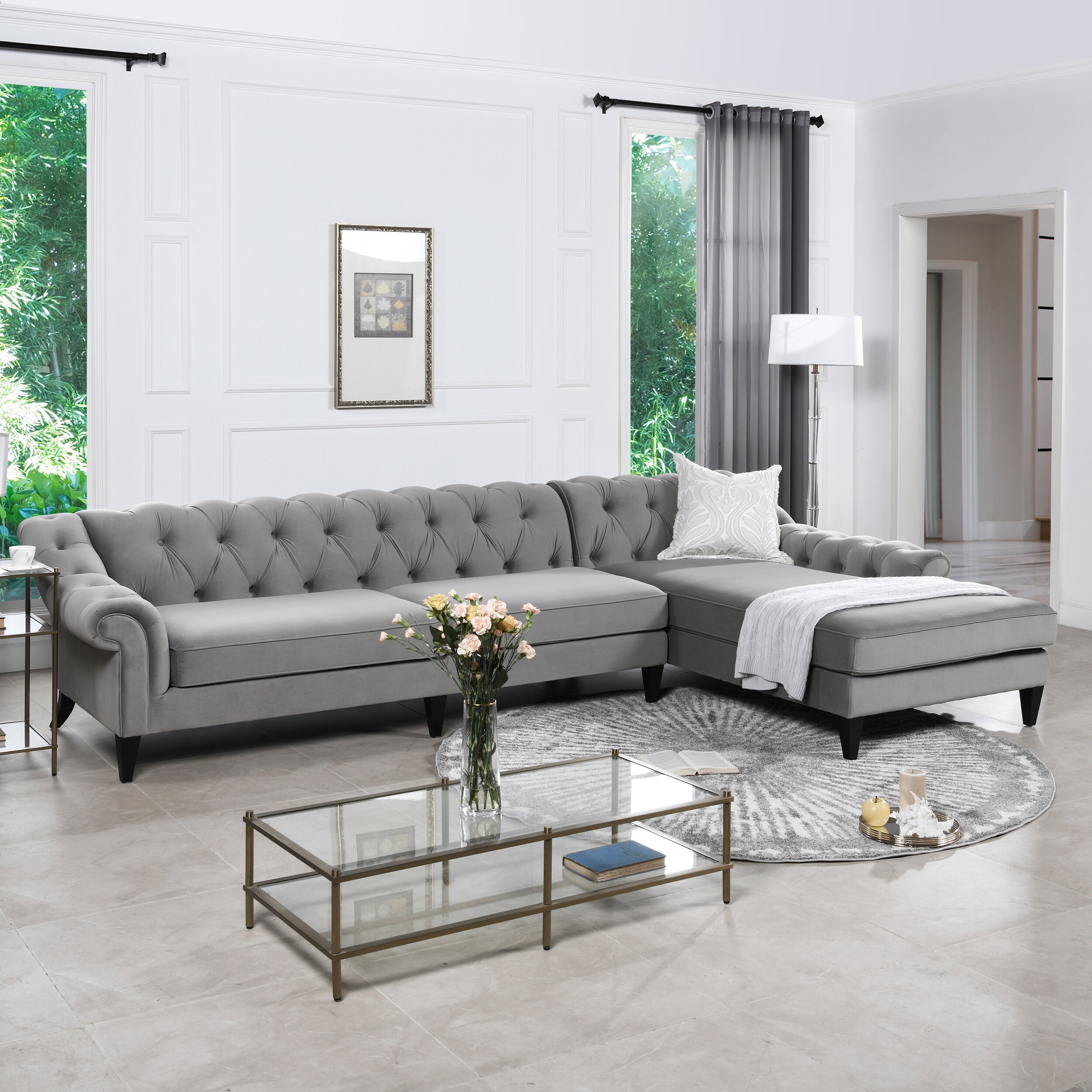 Jennifer Taylor Home Alexandra 132-in Modern Opal Grey Velvet 4-seater ...