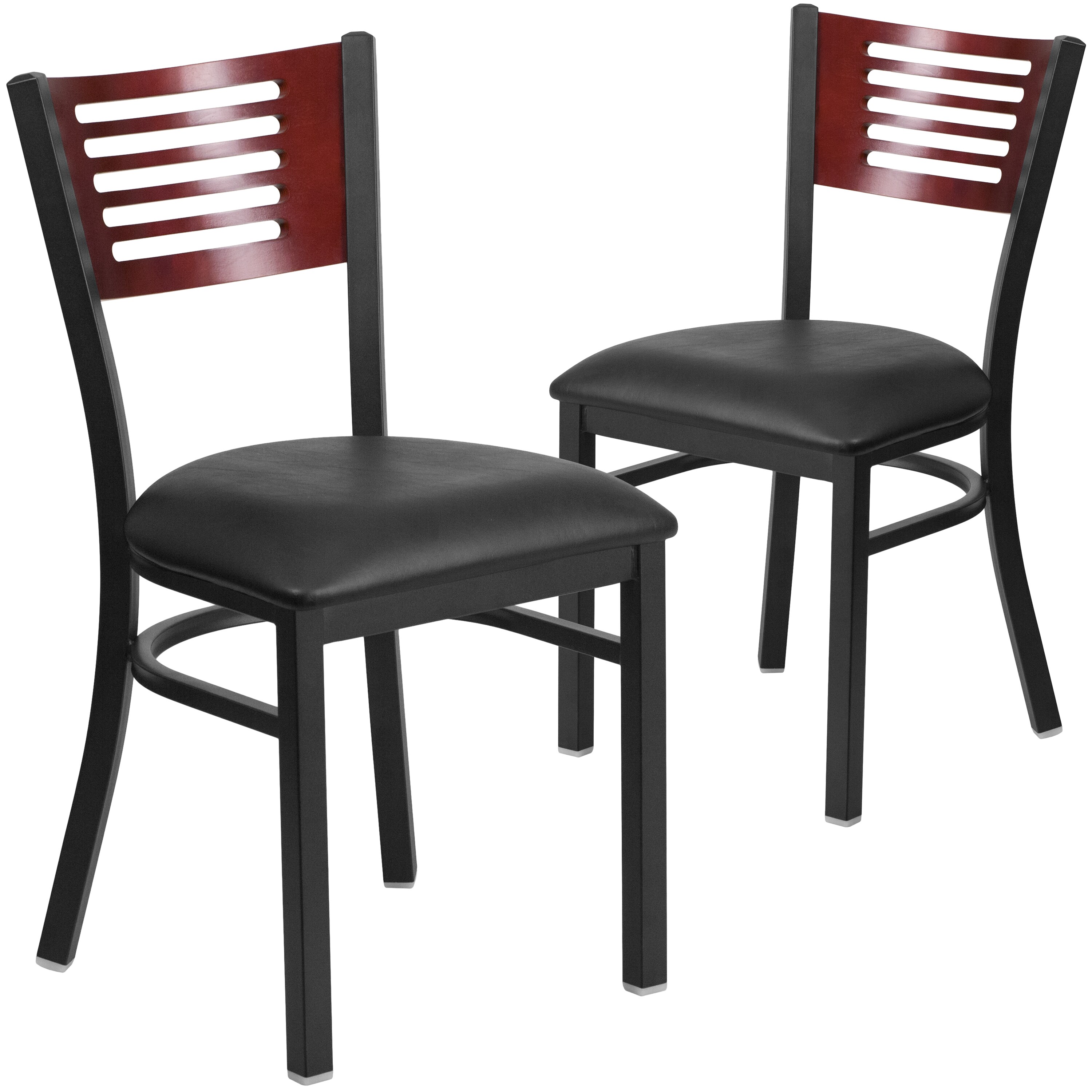 Emma + Oliver 889142909057 2 Pack Black Slat Back Metal Restaurant Chair-Mahogany Wood Back; Black Vinyl Seat