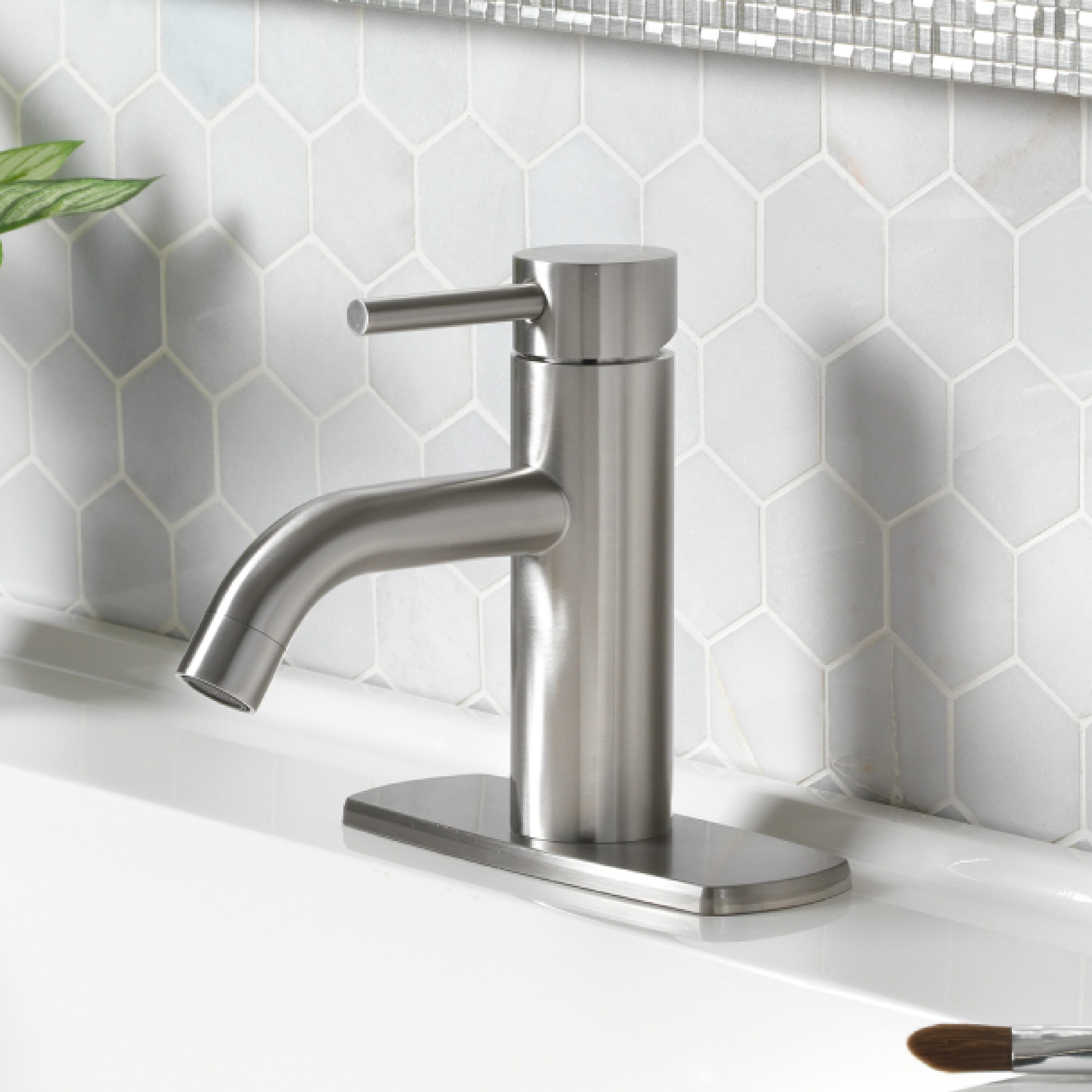 Project Source BPS-102-BN Larton Brushed Nickel Single hole 1-handle WaterSense Mid-arc Residential Handle Bathroom Sink Faucet with Drain with Deck Plate