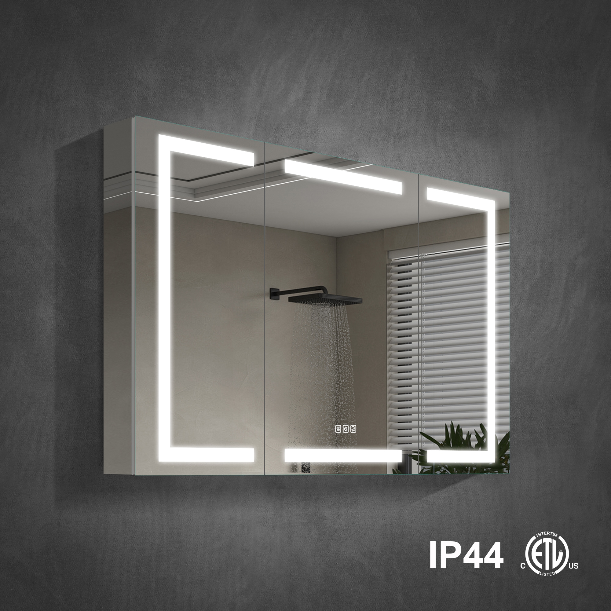 Forclover JSEX36GNL7 48-in x 30-in Lighted LED Fog Free Surface/Recessed Mount Alminum Mirrored Rectangle Soft Close Medicine Cabinet with Outlet