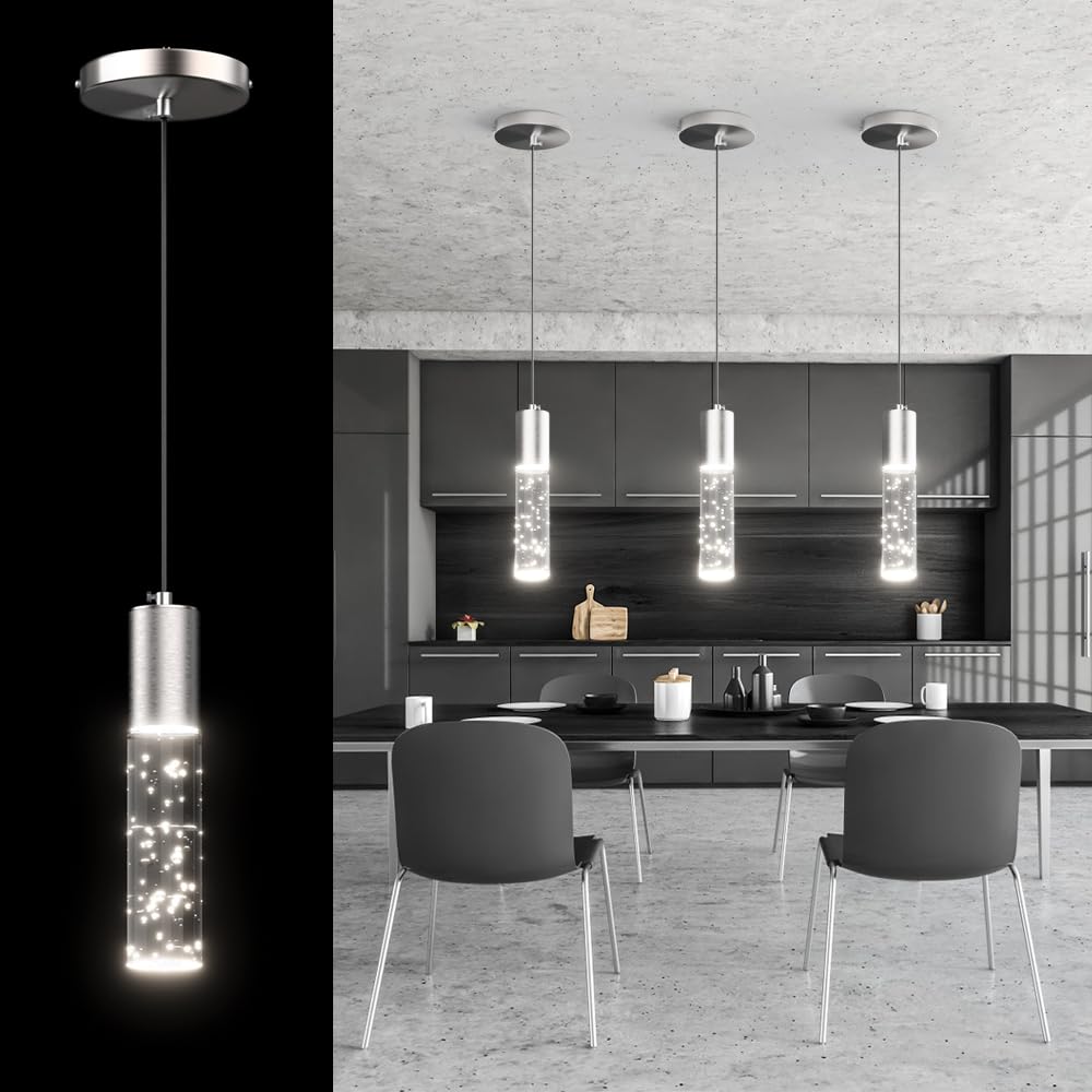 AOIZGMY Modern Pendant Lights Kitchen Island Brushed Nickel with Crystal Bubble Cylinder Integrated LED Hanging Light Fixture for Dining Room #LAZ0818Z373