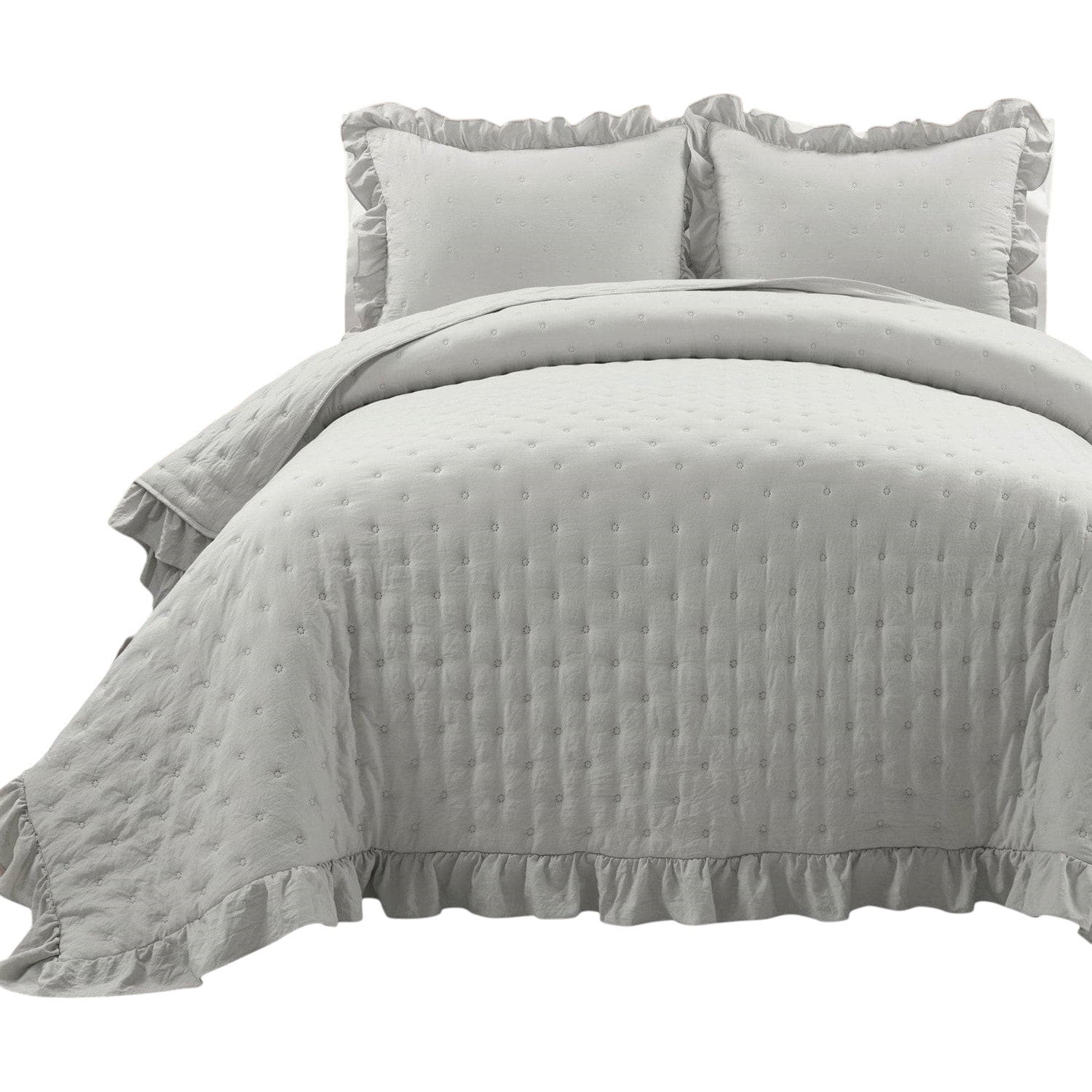 Slickblue 3-Piece Light Gray- King-Full/Queen- Reversible Quilt Set with Ruffle for Bedroom