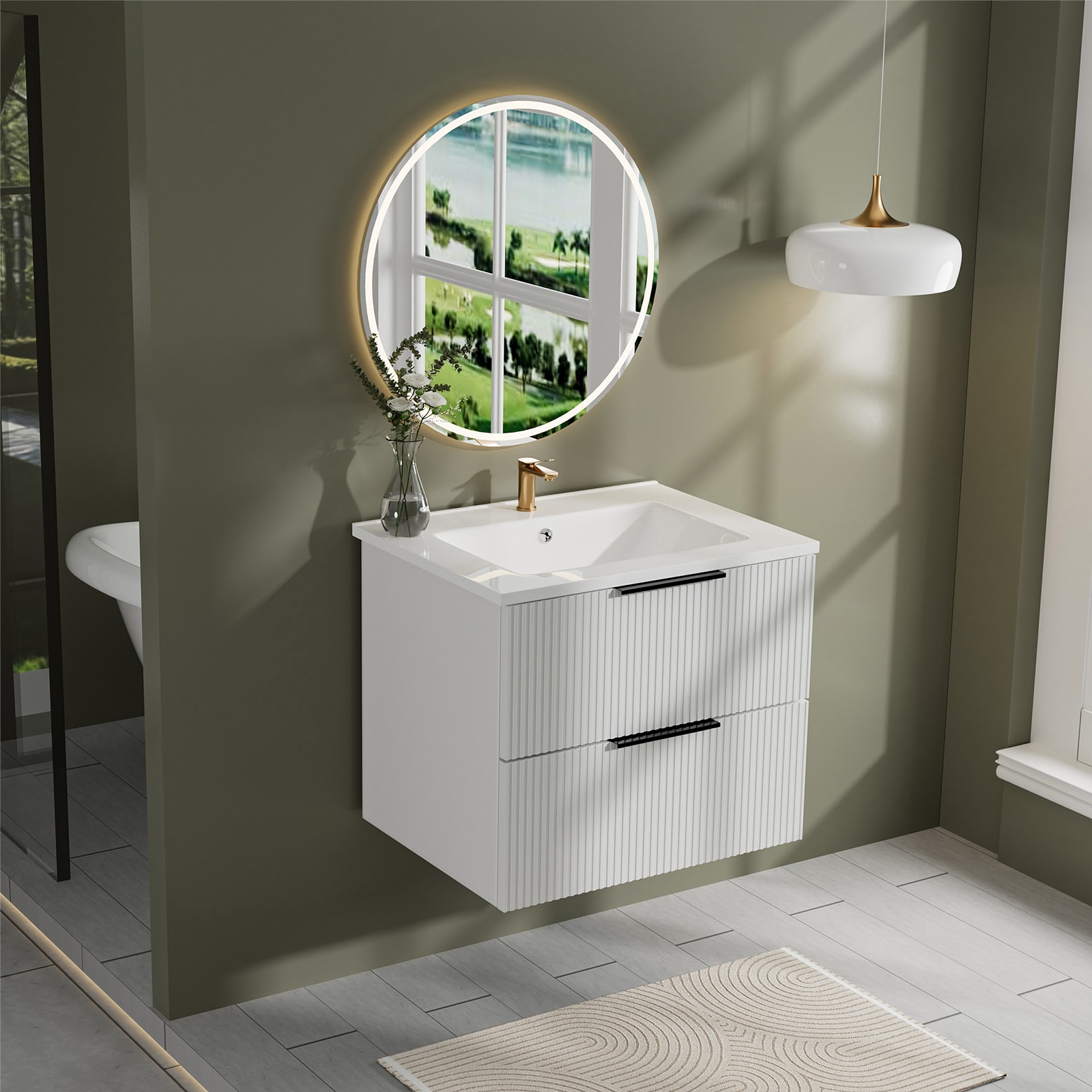 LUXEYARD 24 Inch Bathroom Vanity Cabinet With Ceramic Sink - White Wall Mounted Floating Fluted Vanity With Drawers Modern