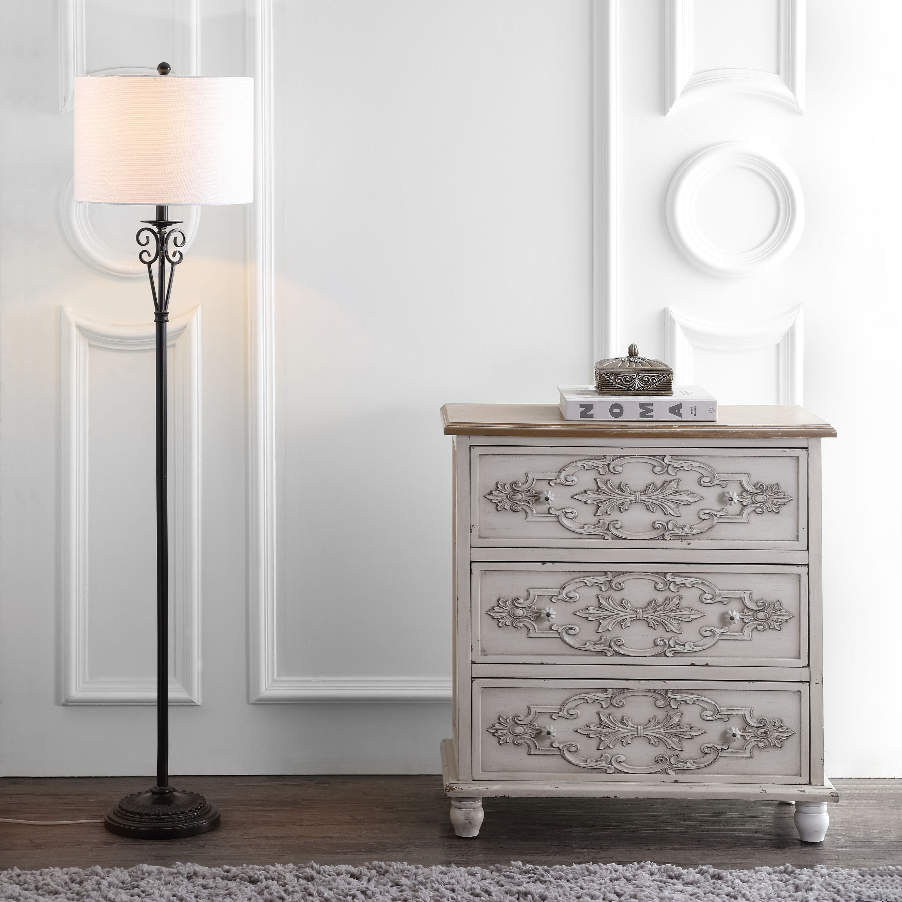 Elegant Antique Brass Floor Lamp with Off-White Shade and 3-Way Switch