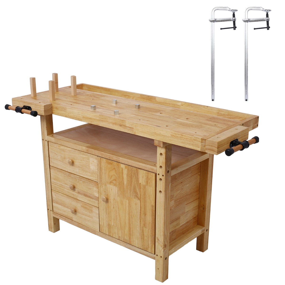 KEOKLE  Wooden Workbench for Garage Workshop and Home with Bar Clamps Set Rubber Wood Storage Bench