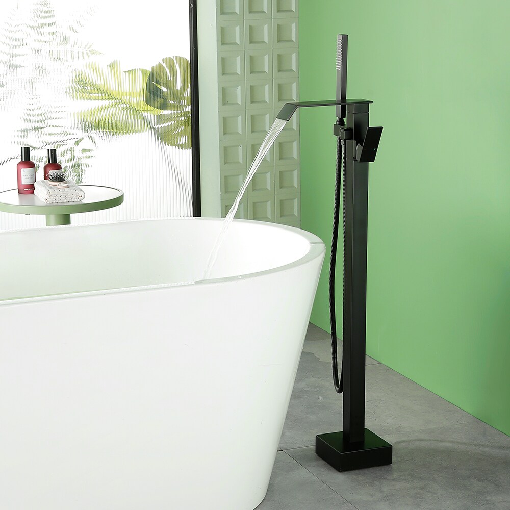 WELLFOR Matte Black 1-handle Freestanding Waterfall Bathtub Faucet with Hand Shower ( Valve Included )