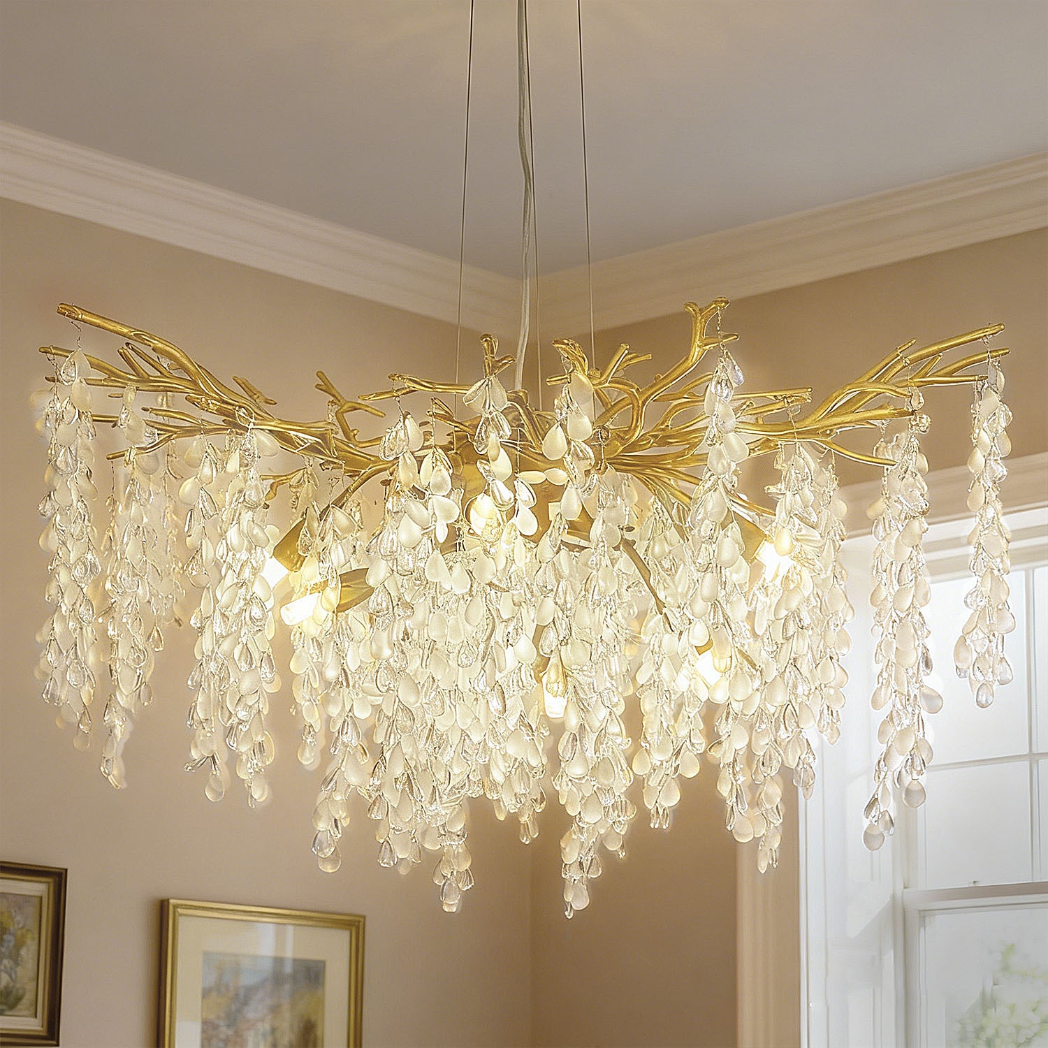 DORESshop 31.5 Inch 10 Light Crystal Chandelier with Champagne Gold Frame and Grapevine Crystal Strands