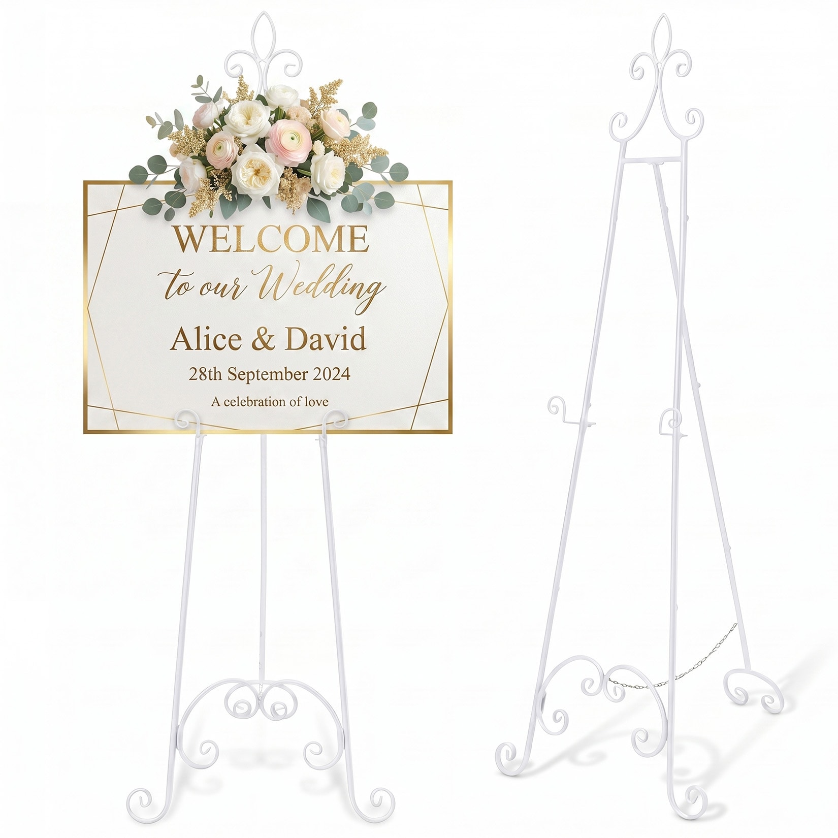 Garvee Wedding Welcome Sign Stand Adjustable Metal Floor Display Easel 63 Inch White Sign Holder with Fleur-De-Lis Scroll Design 3 Height Levels for Ceremony Poster Board