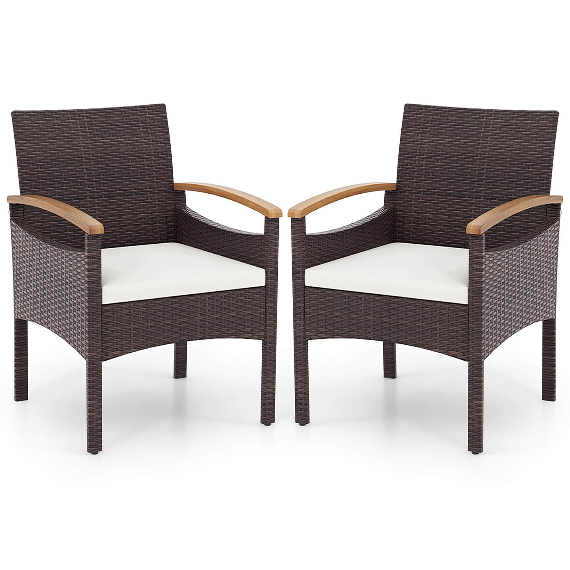 Costway HCST04126 Set of 2 Rattan Mix Brown Metal Frame Stationary Dining Chair with Off-white Cushioned Seat