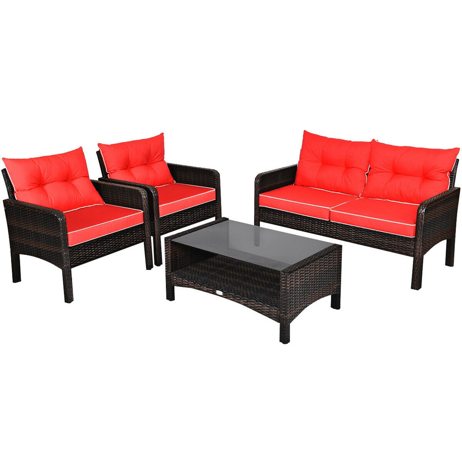 WELLFOR OUG68637ARE+ 4 -Piece Rattan Patio Conversation Set with Red Cushions