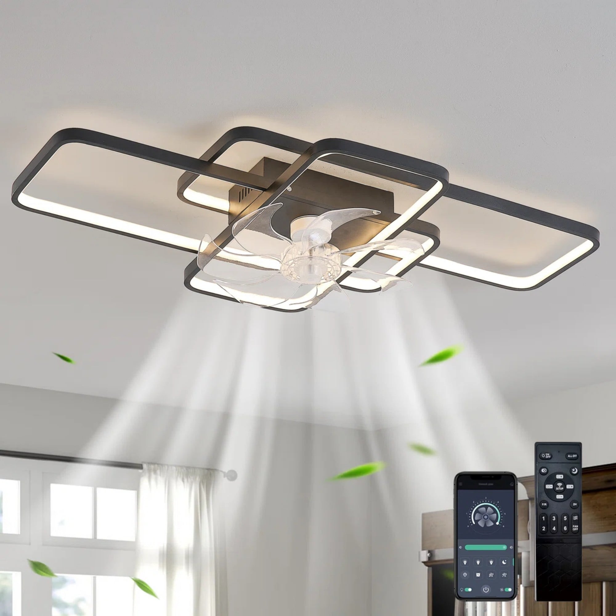 Siittoo 40.5-in Black Modern Dimmable Color-Changing LED Flush Mount Fandelier Ceiling Fan With Light and Remote Control Included