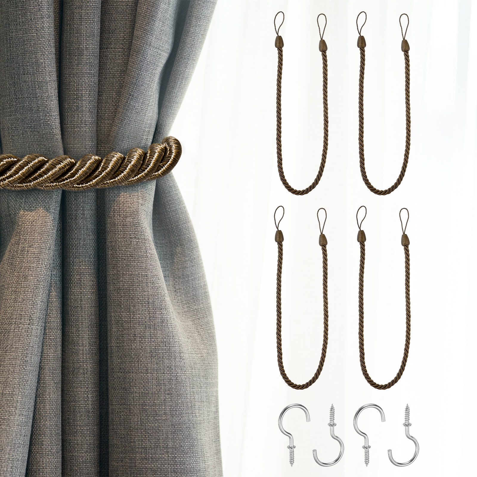 Unique Bargains 4pcs Curtain Tiebacks 75cm/29.5inch Braided Drapery Holdback Holder Decorative Rope Tie Back with Metal Screw Hooks for Home Office Decor Light Brown