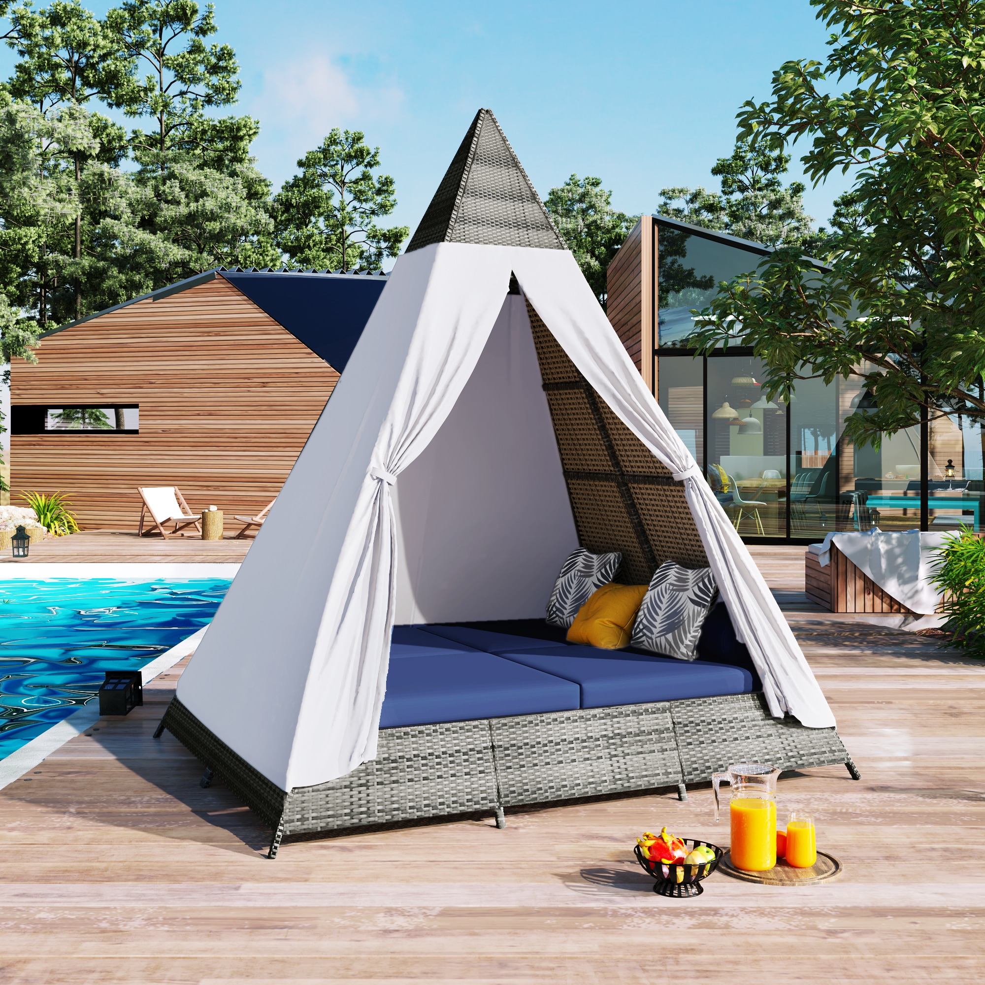 GDFStudio 331503 90.5inch Outdoor Wicker Sunbed with Tent Colorful Pillows Gray Blue Patio Daybed for Poolside Garden Courtyard Retreat
