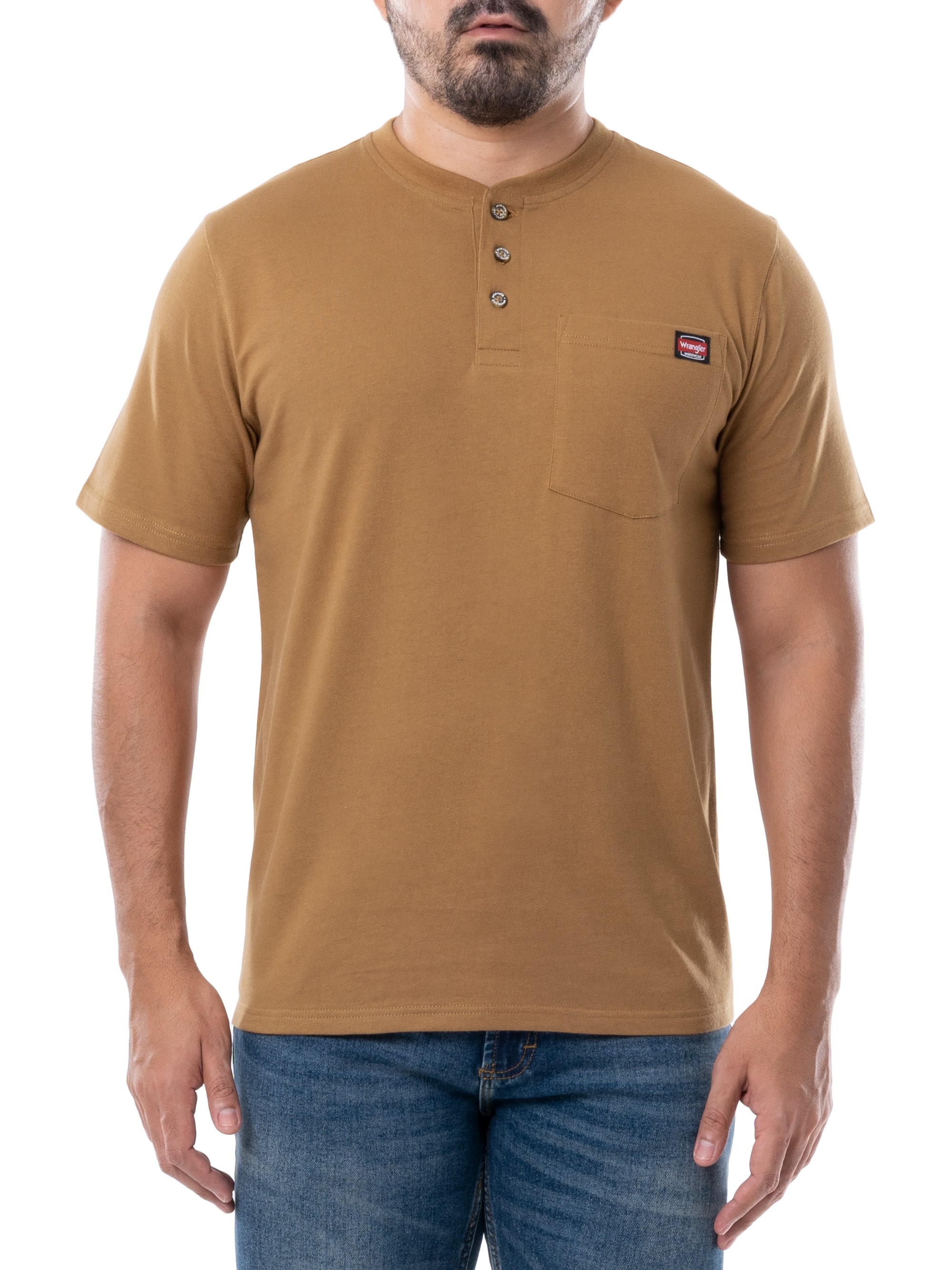 Wrangler Men's SS Work Wear Henley Pocket Tee Shirt in Brown | 90