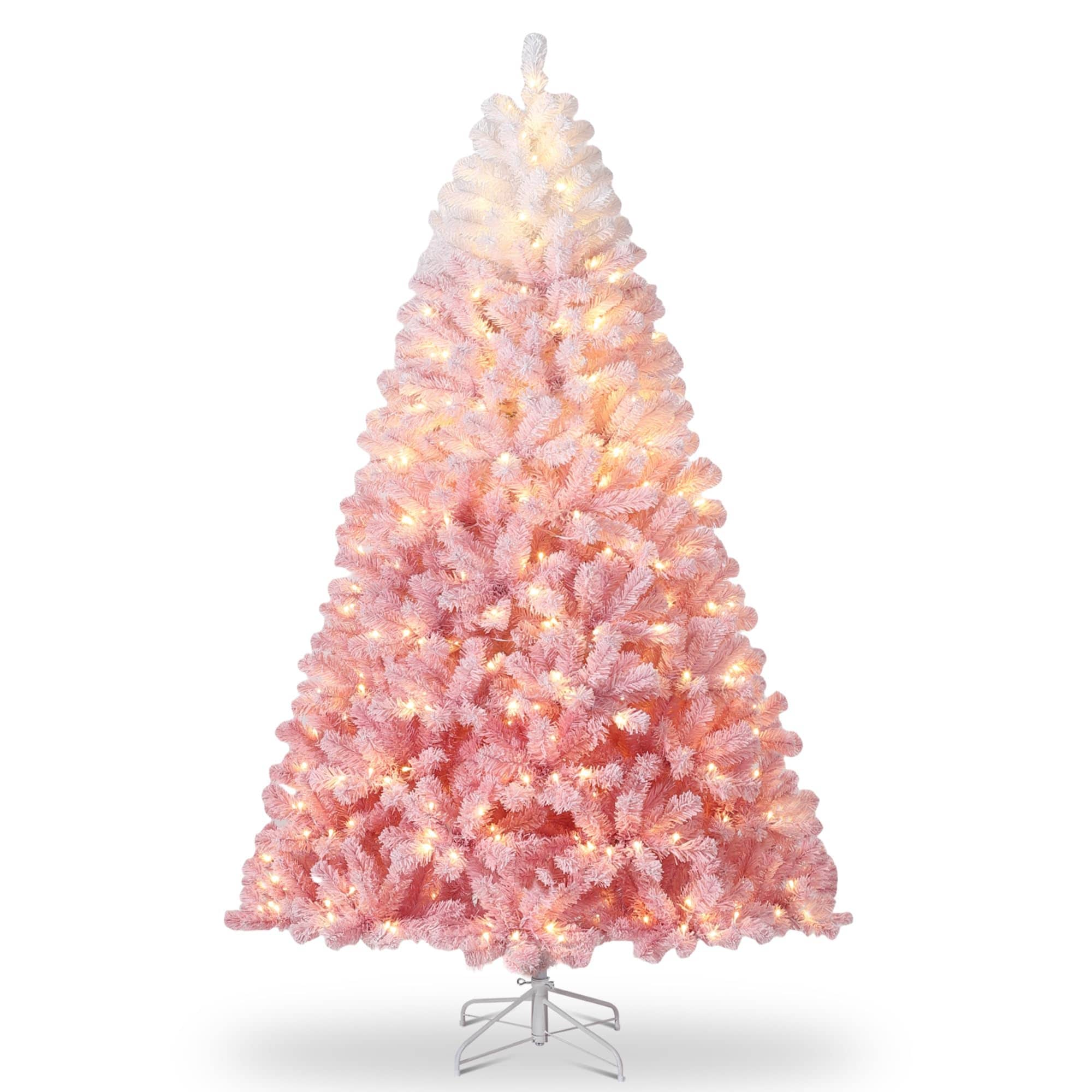 Aoile 7.5FT Pre Lit Pink Flocked Artificial Christmas Tree Wide Body Hinged Branches Foldable Metal Stand Warm White Lights