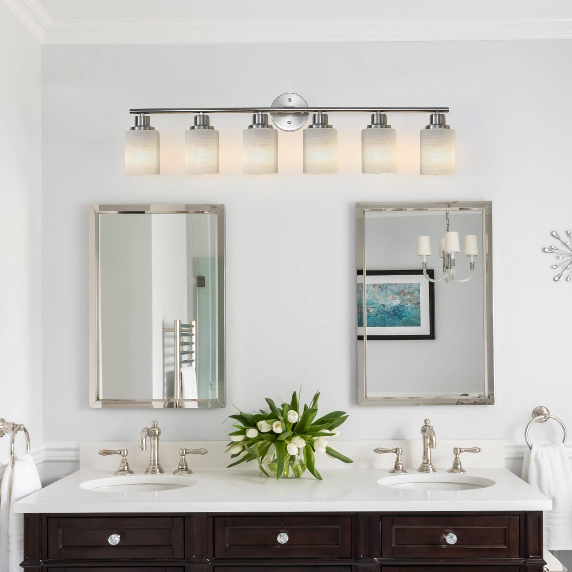 Oyezvary  39 inch Modern 6 Light Vanity Wall Sconce Brushed Nickel Finish Frosted Glass Shades Hardwired for Bathroom Hallway Dressing Room