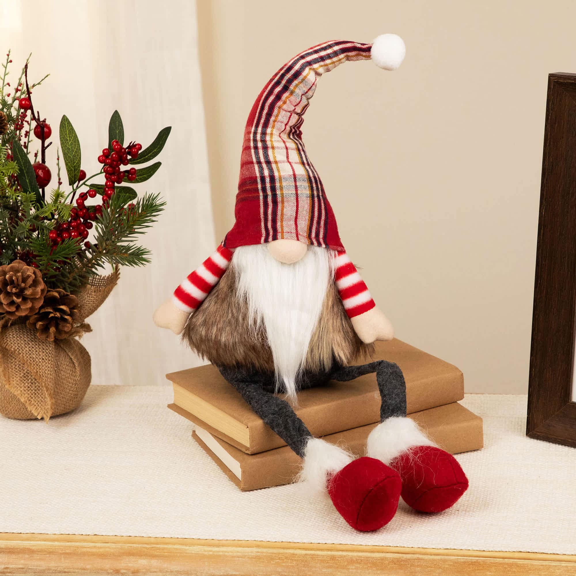 Northlight Plaid Gnome with Dangling Legs Christmas Figure - 20.5 inch - Red Gray and White
