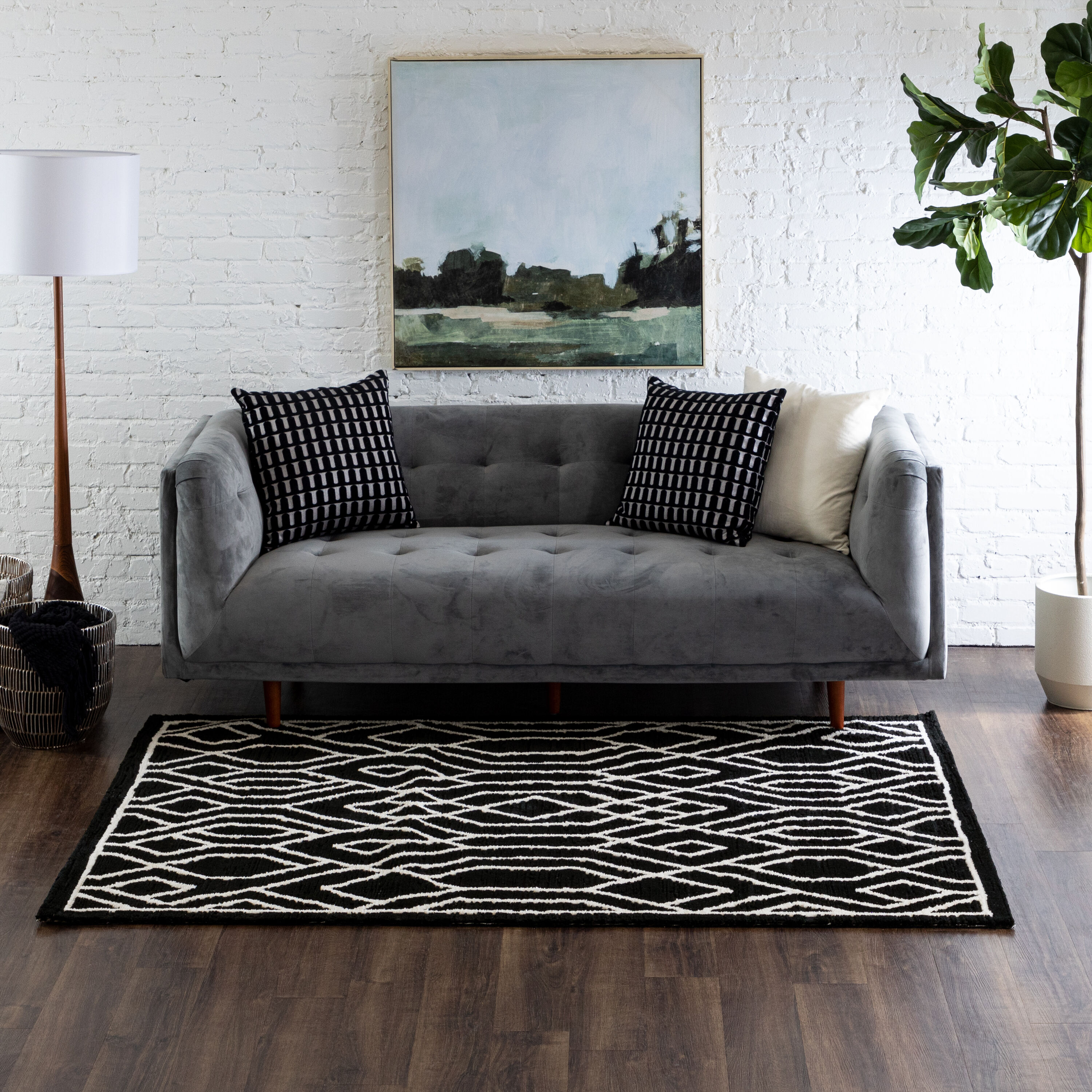 allen + roth R1295 107 048072 Dark Exuberance 4 x 6 (ft) Polypropylene Black and white Rectangular Indoor Area rug